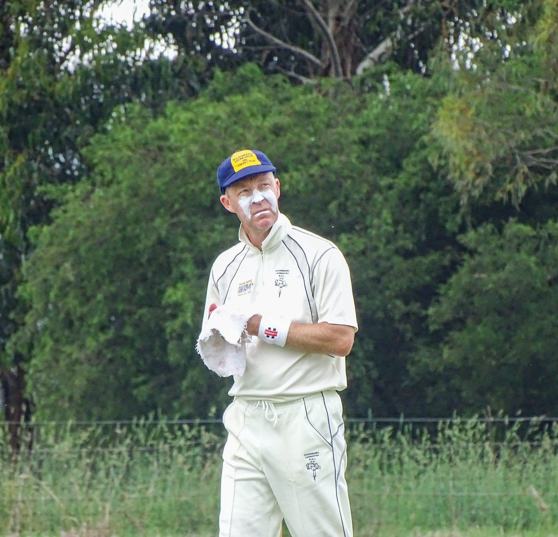 Koonwarra Leongatha RSL’s Michael Thomas studies the approaching storm clouds that ultimately proved the undoing of day one play.