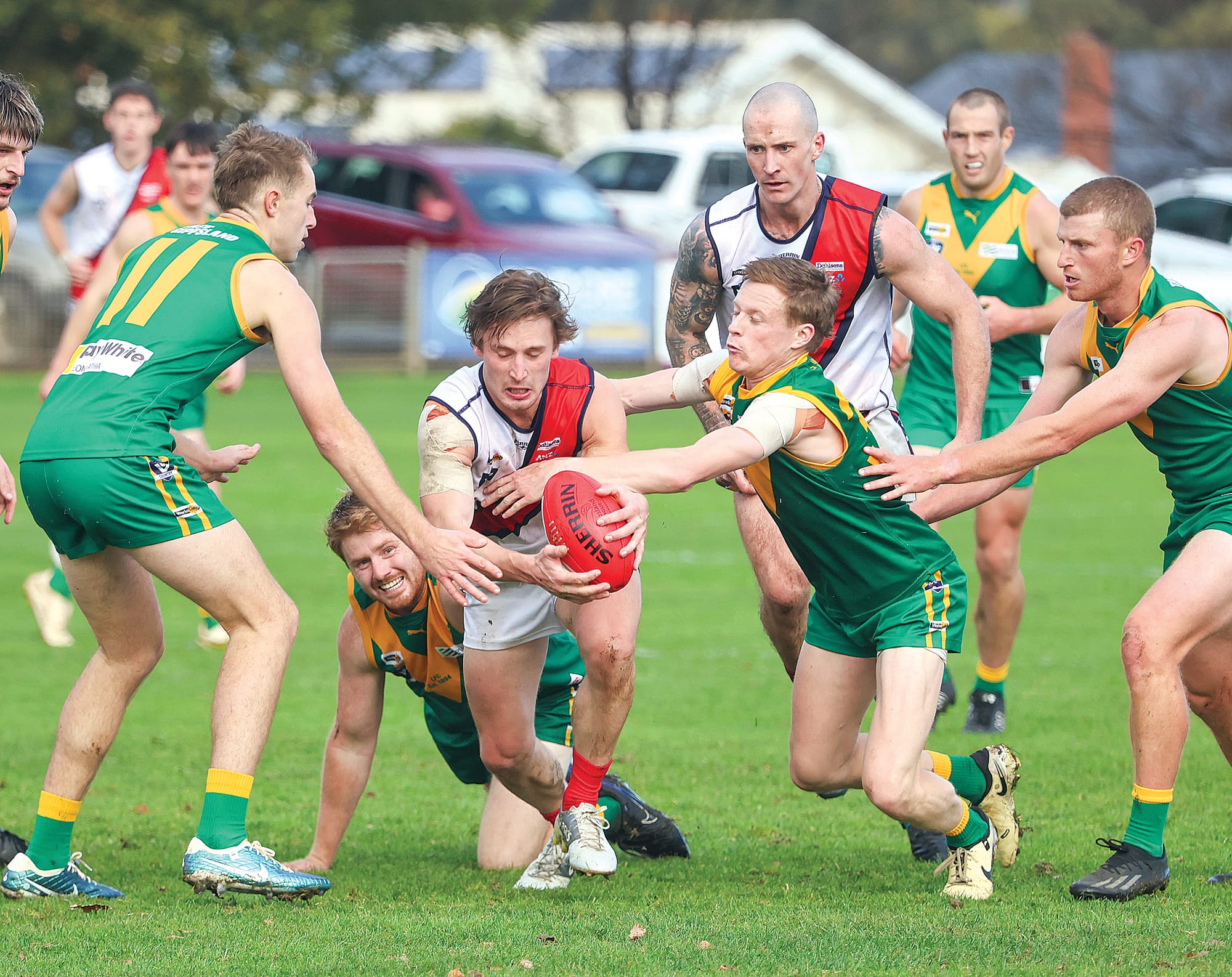 Bairnsdale onballer Tom Blenheim wins another clearance for the visiting Redlegs as they caught the Parrots on the hop with a fast start in the first quarter.