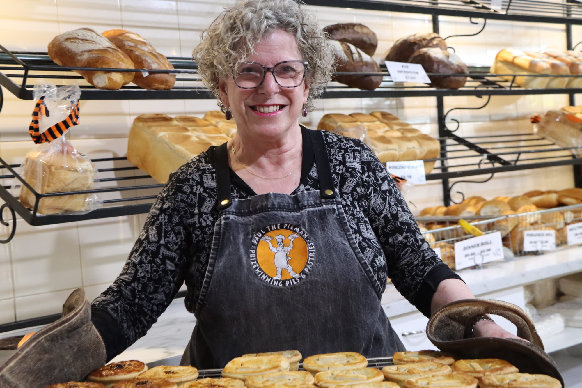 Michelle Dobryn with a selection of award-winning hot pies from Inverloch’s ‘Paul the Pieman’.