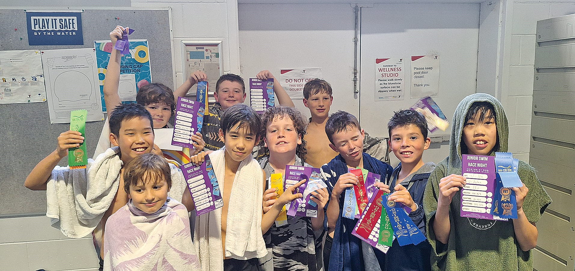 South Gippsland Bass Swimming Club boys enjoying the competition at the Wonthaggi Aquatic Centre.
