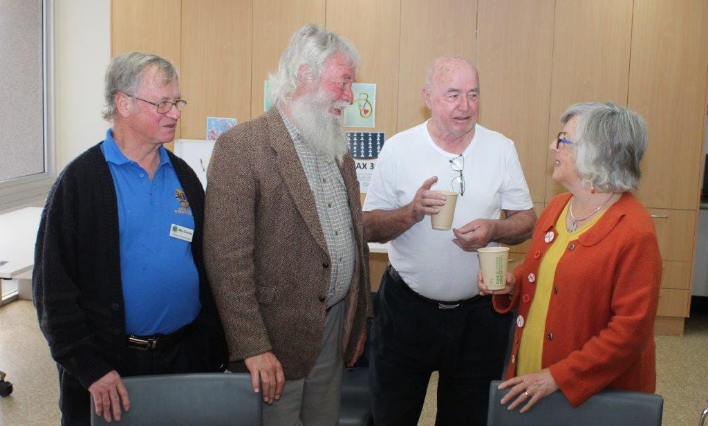Inverloch Lions Club’s Max Dusting, donor Neville Drummond, Inverloch Fundraising Auxiliary member Klaus Edel and donor Marg Drummond at the afternoon tea.