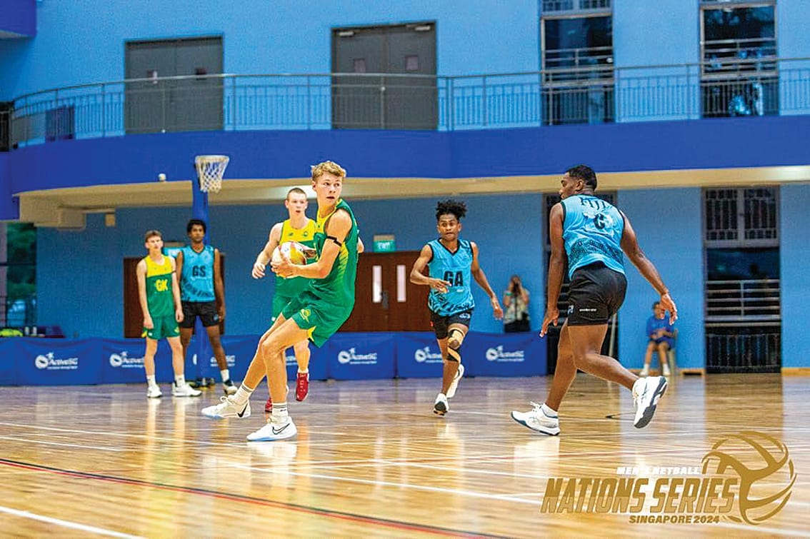 Zac Mabilia competed in the U20 Australian men’s side at the Men’s Netball Nation Series, and is pictured competing against Fiji.