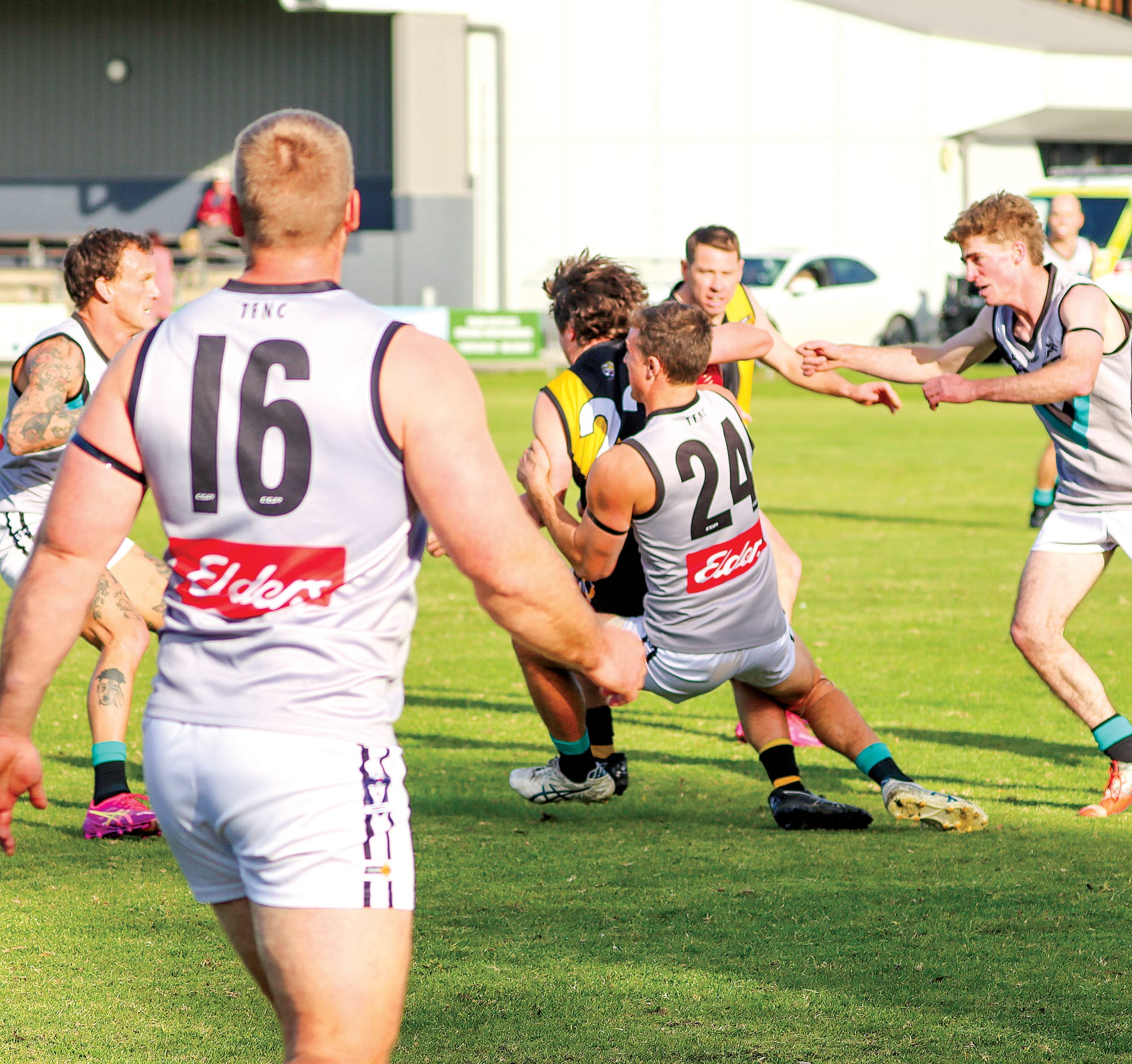Jordan French lays a successful tackle for Toora, winning a holding-the-ball decision as the Magpies look to find some momentum during the first term. A13_2425
