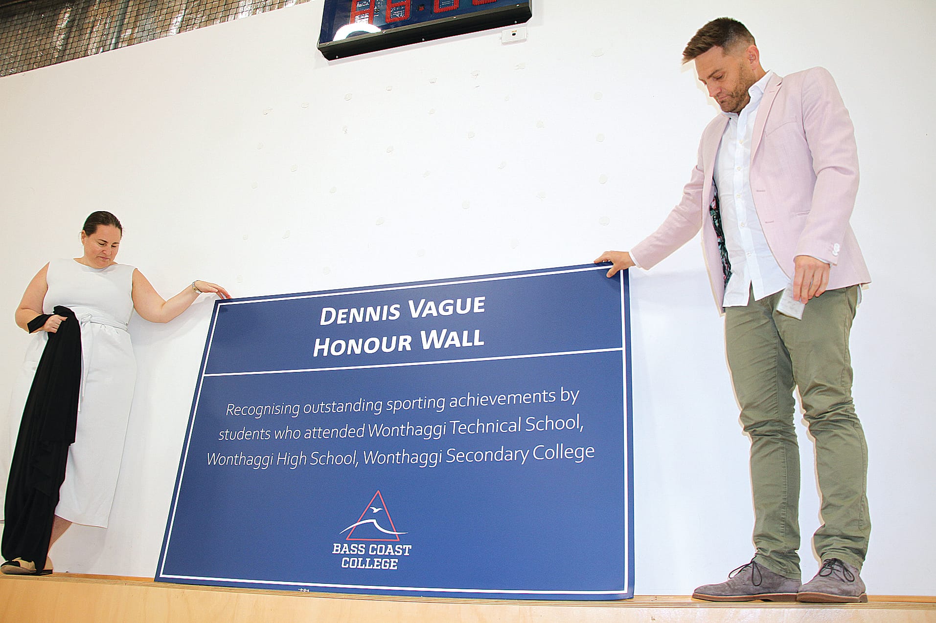 Ben and Kara Vague unveiled the Dennis Vague sporting alumni Honour Wall at Bass Coast Secondary College. B30_5124