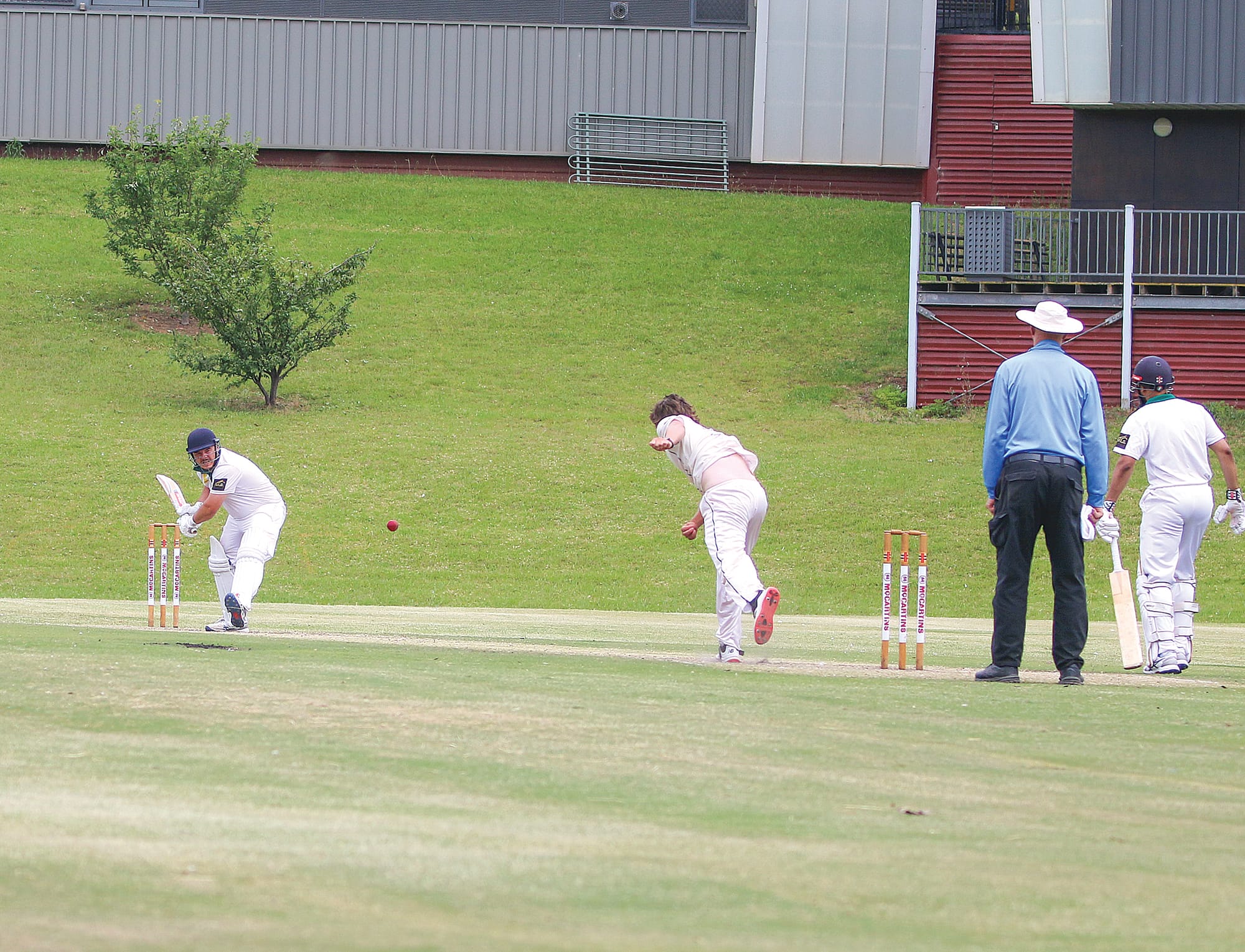 Jarvis Harvey for Wonthaggi bowls to Jesse Giardina, the best batsman on the day. ob53_5124