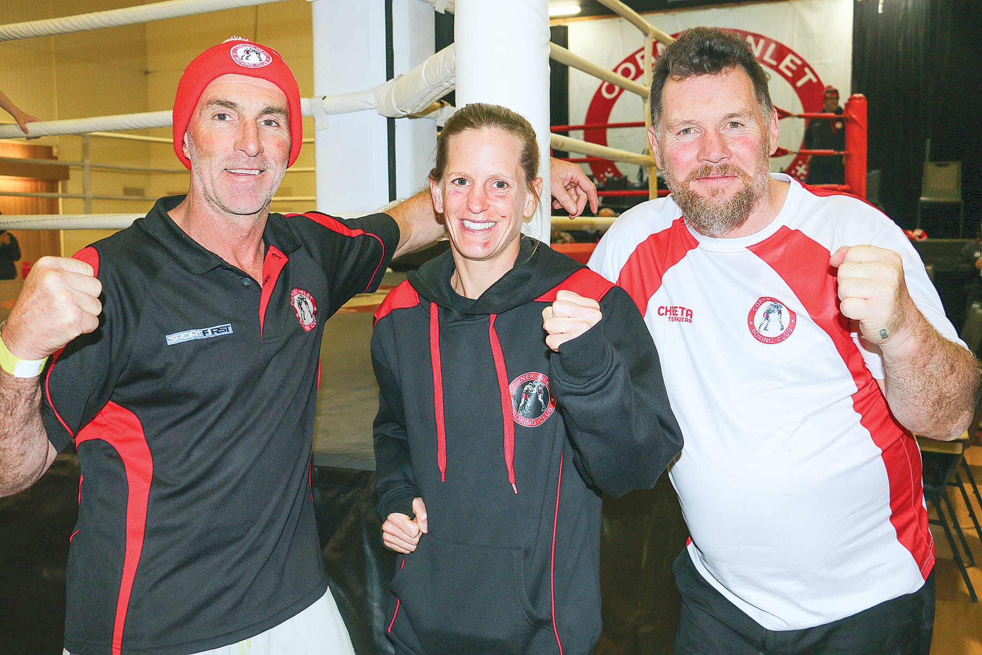 Corner Inlet coaches Brad Anderson (left) and Scott Bindloss with local elite female boxer Jemima Geitz. Jemima secured a win at Sunday’s event, Corner Inlet Cup 5. 