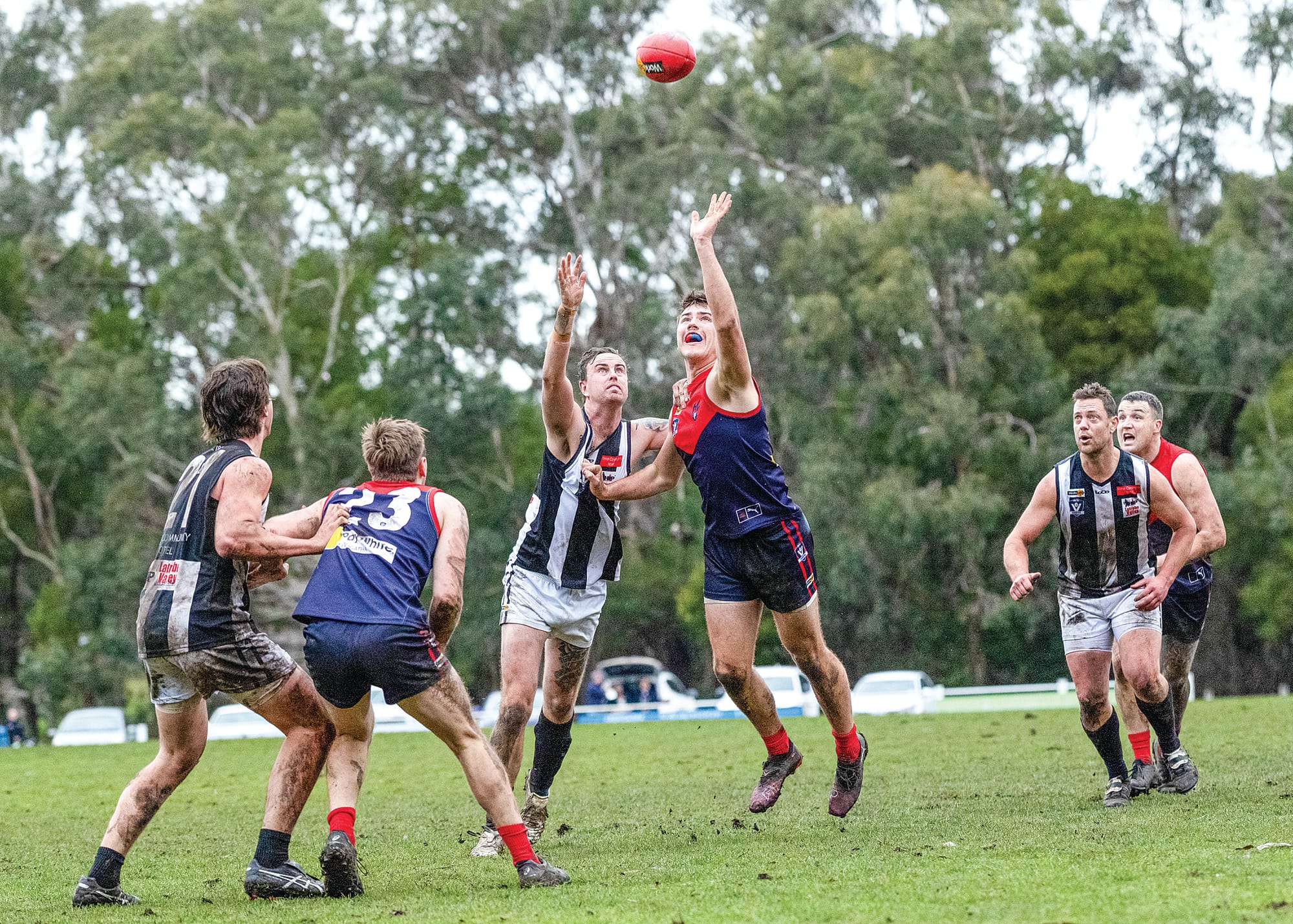 Burke VanderZalm goes up in the ruck for MDU. Photo: Bec Casey Sports Photography. 