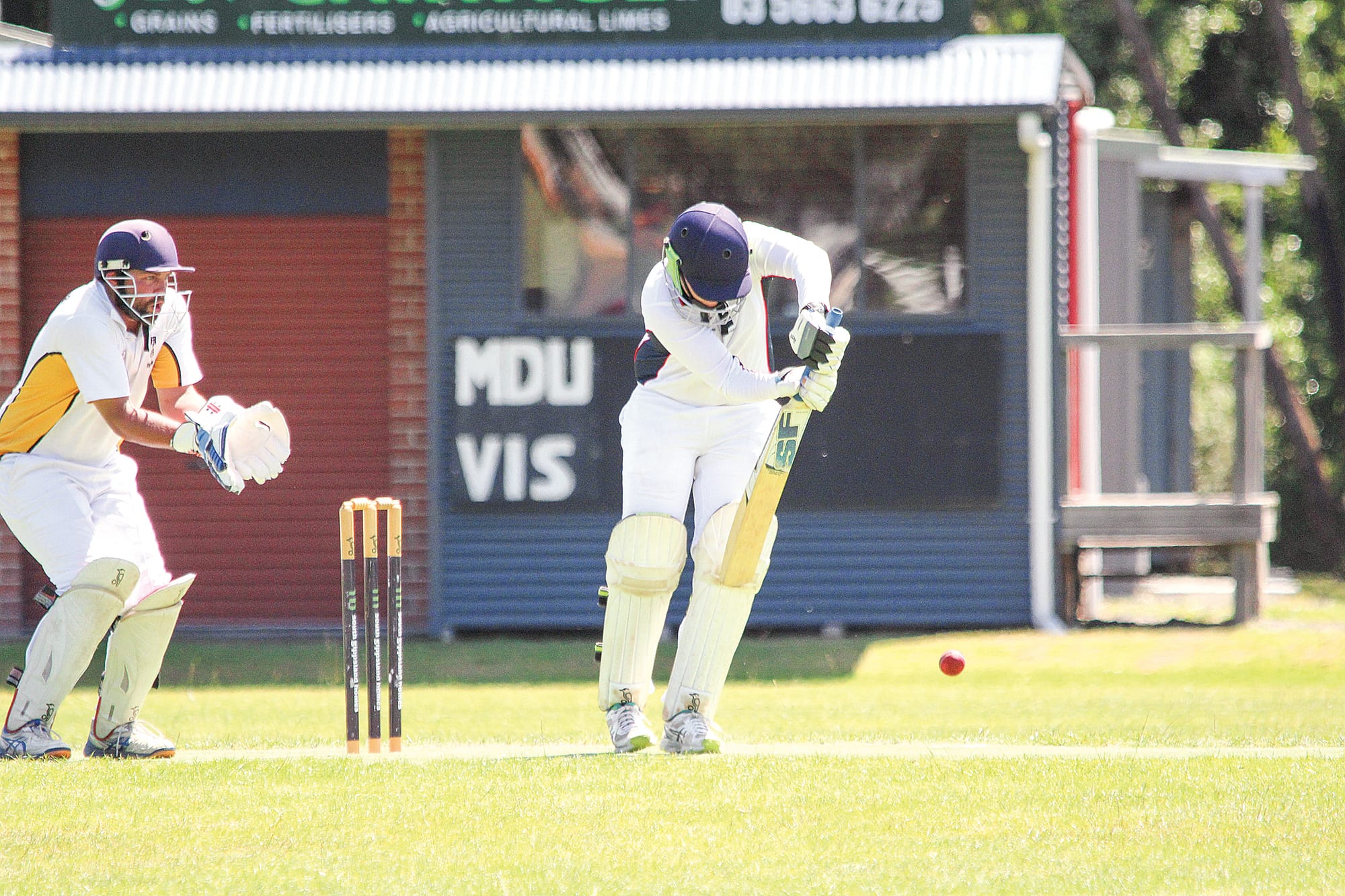MDU number five Mitchell McGrath plays a solid defensive shot during his innings on Saturday. B15_4922