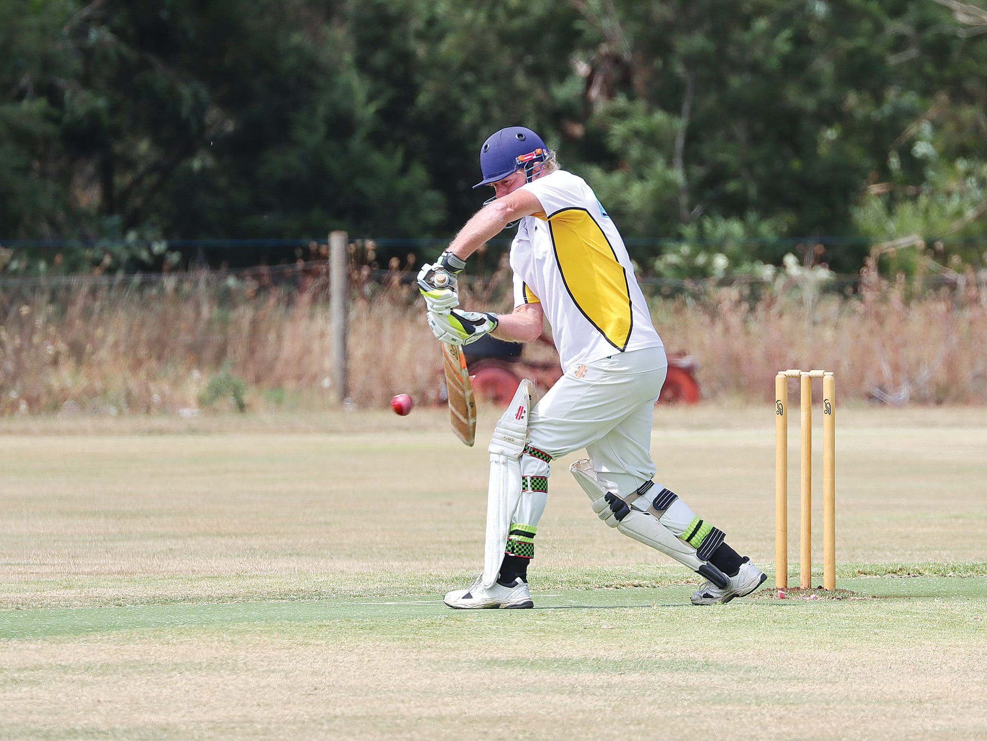 Foster’s Neil Henry gets in behind a delivery during his B2 knock of 42 opening the batting against Imperials. A24_0825