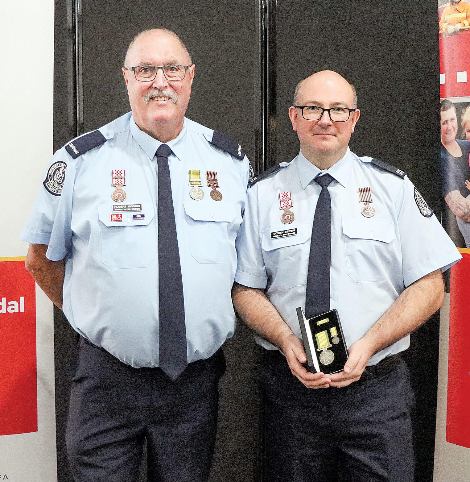Robert Higgins and Hayden Tipping of Inverloch Fire Brigade.  (A medal was collected on behalf of Shane Frogley). A30_1623