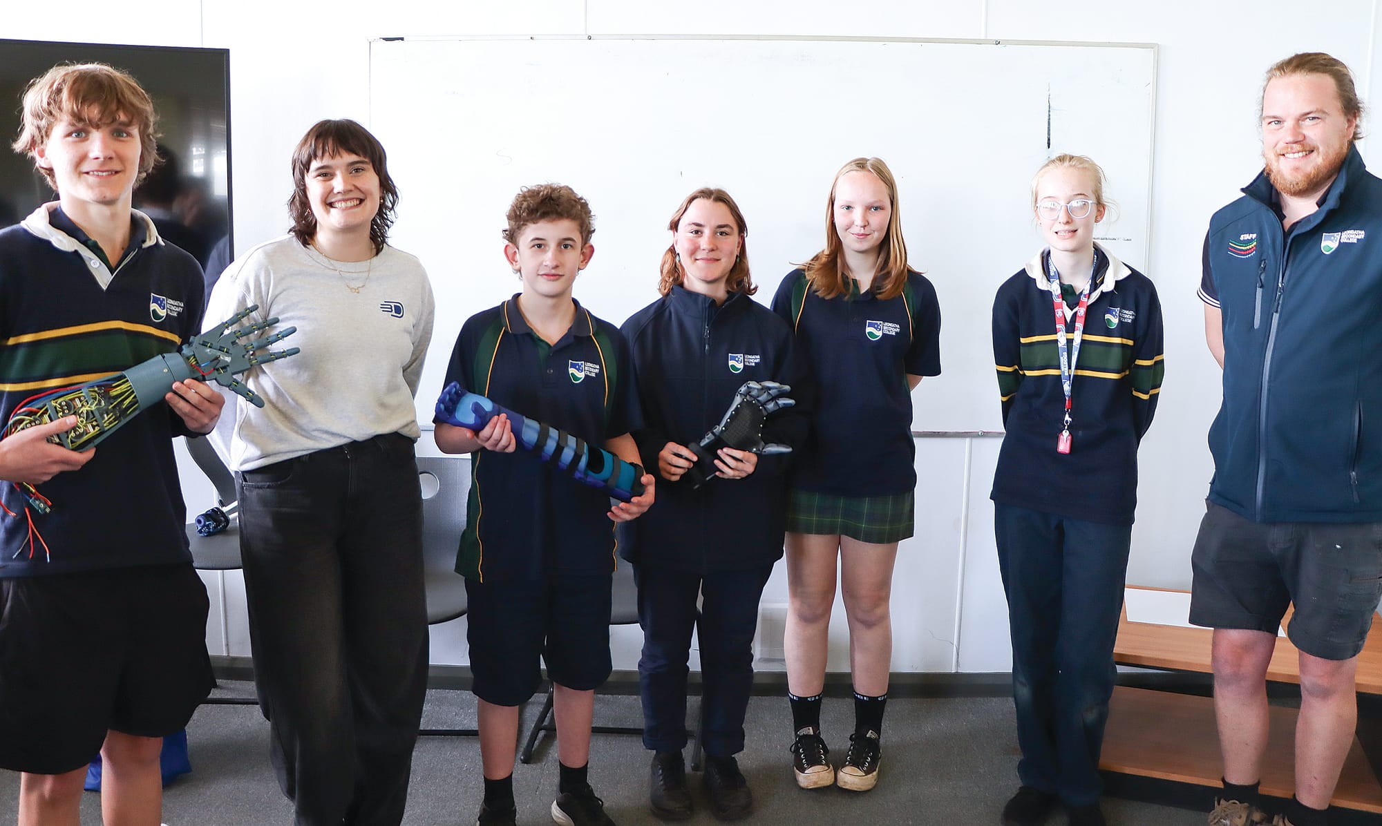 Oliver Silcock, Ellie Holmes of Free 3D Hands, Cooper Rose, Caitlin Hibberson, Lilly Tivendale, Scarlet Riseley and teacher Tristan Cross enjoy Art and Technology Week at Leongatha Secondary College. A06_3424