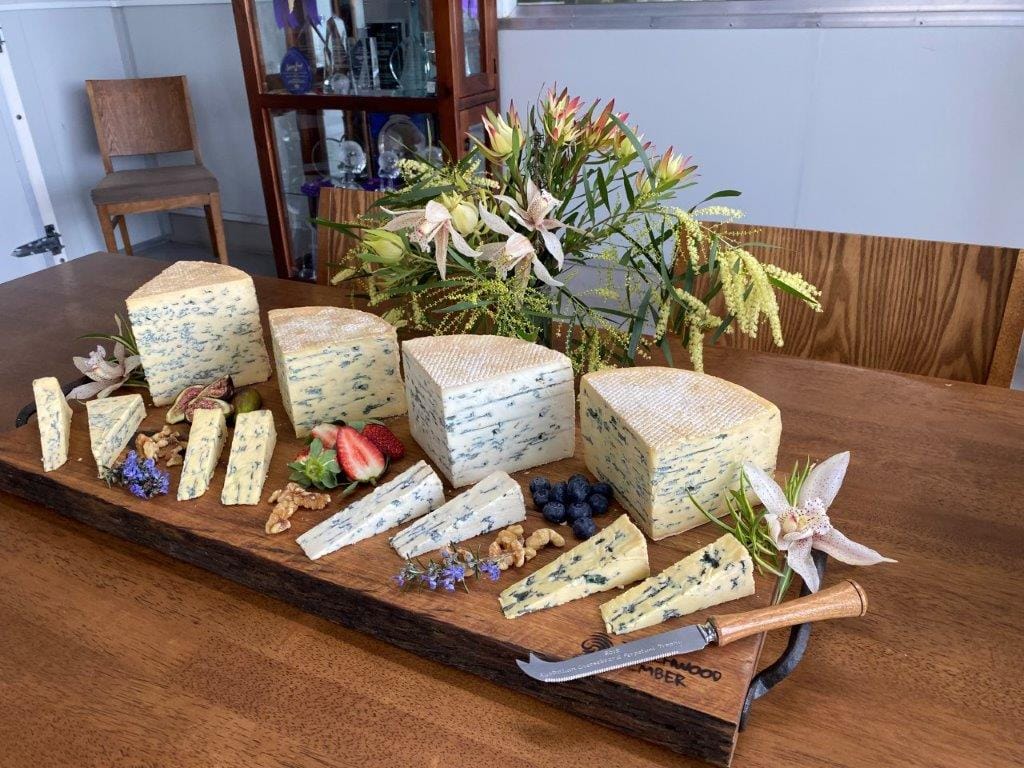 The world-championship line-up of Berrys Creek Gourmet Cheeses, from left, Oak Blue, Mossvale Blue, Riverine Blue and Tarwin Blue.