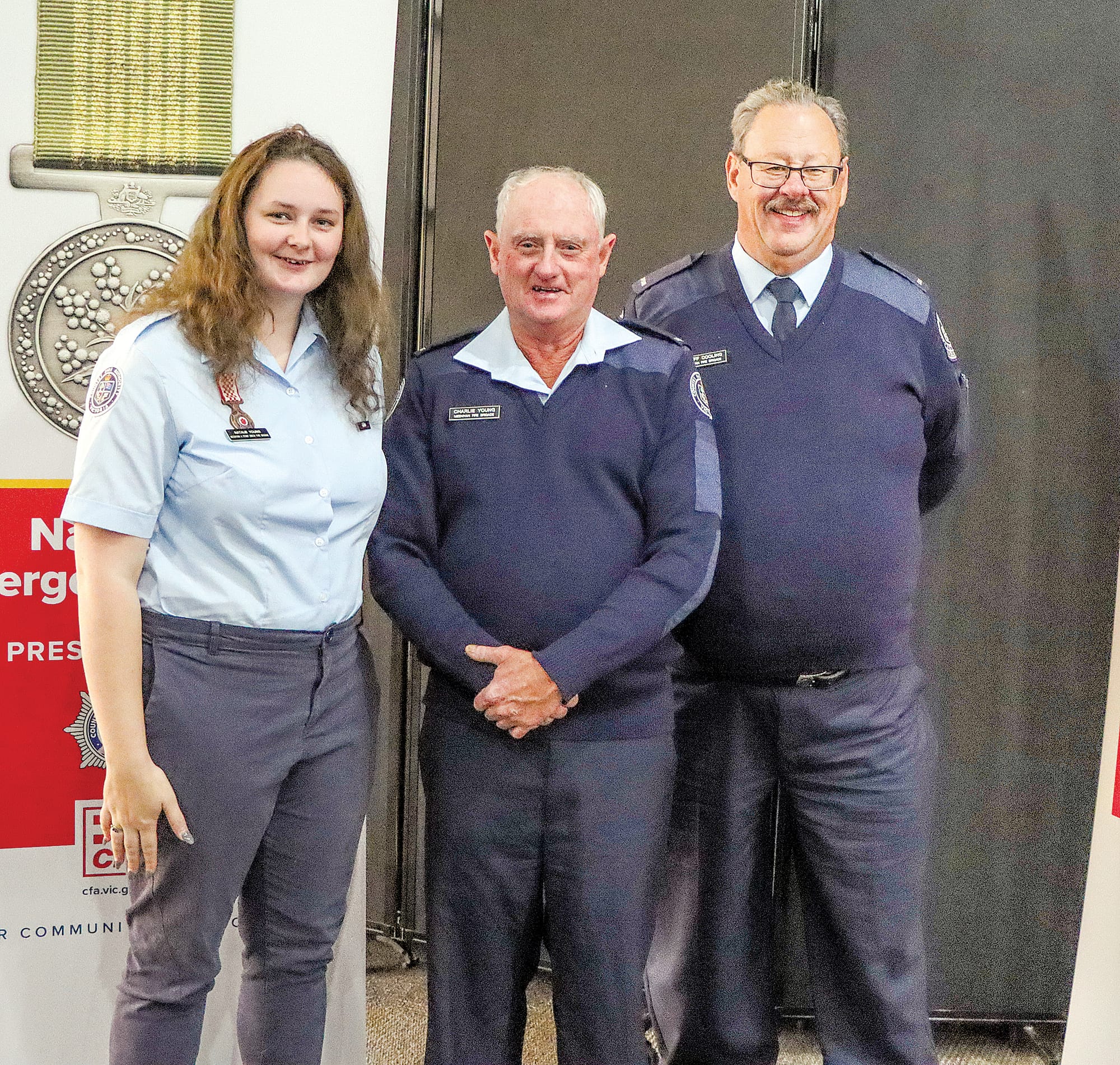 Meeniyan/Stony Creek Fire Brigade members Natalie and Charlie Young and Geoff Cooling. A23_1623