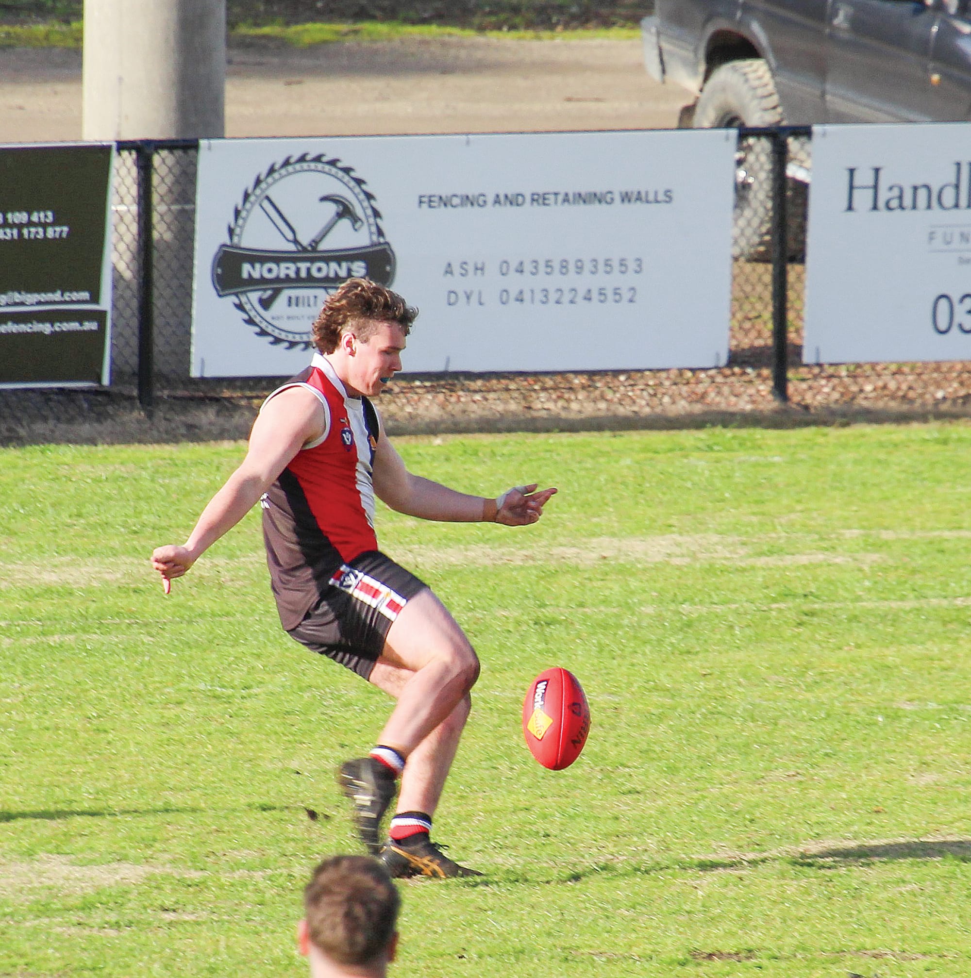 Nyora’s Liam Simpson has time and space to caress a pass.  