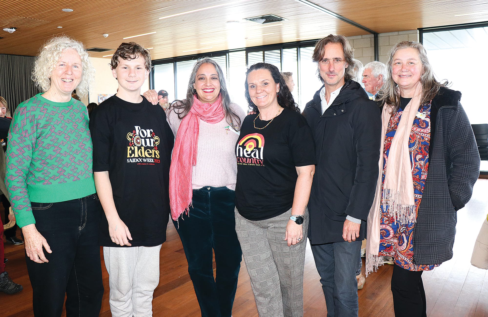 Andrea Rieniets, Mangarri Trewin, Cr Leticia Laing, Patrice Mahoney, David Burrows, and Margaret de Wolff during the National Sorry Day gathered in Cape Paterson. Z03_2223 