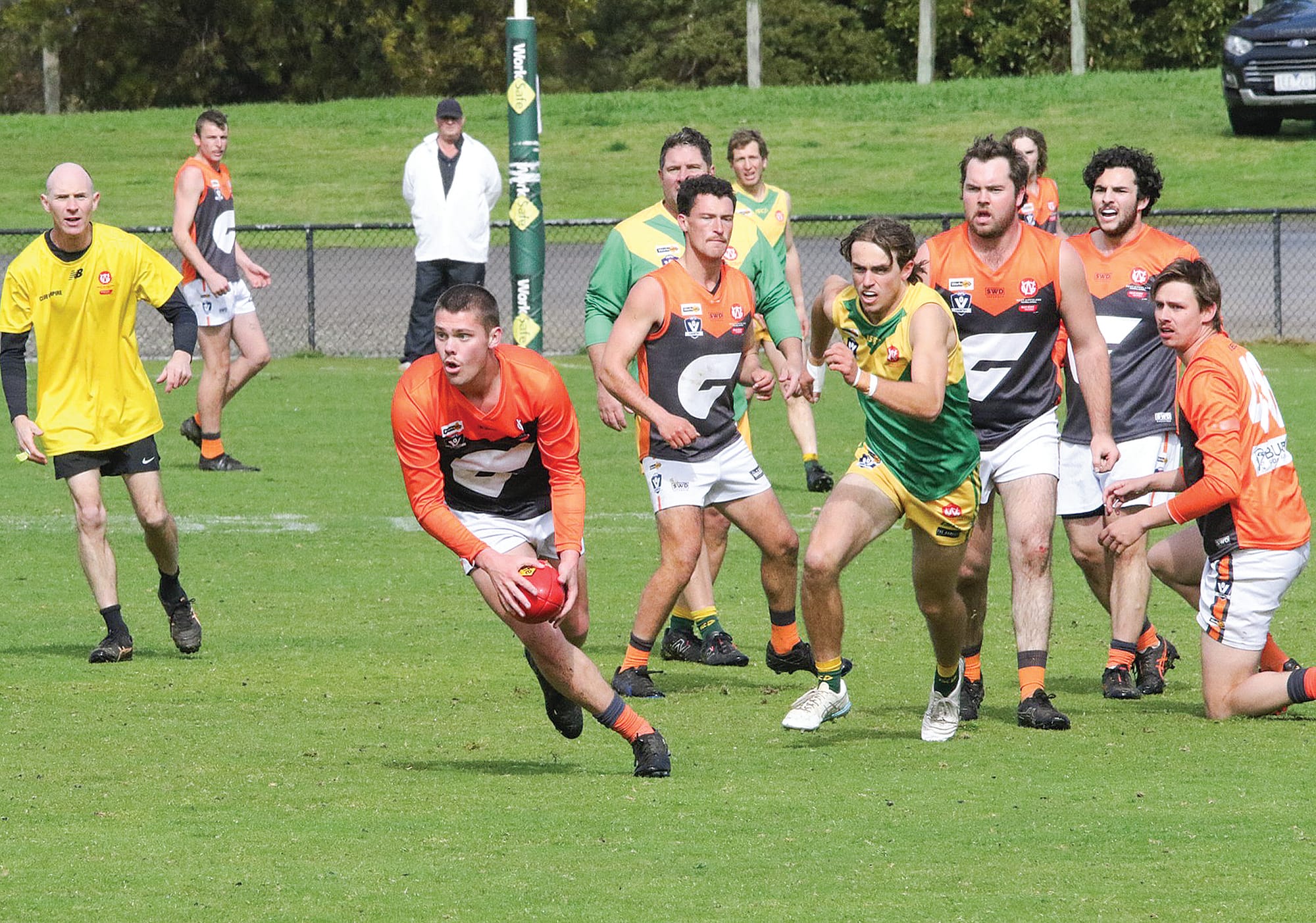 It’s all Korumburra Bena as the Giant’s move the ball out of Garfield’s forward line.