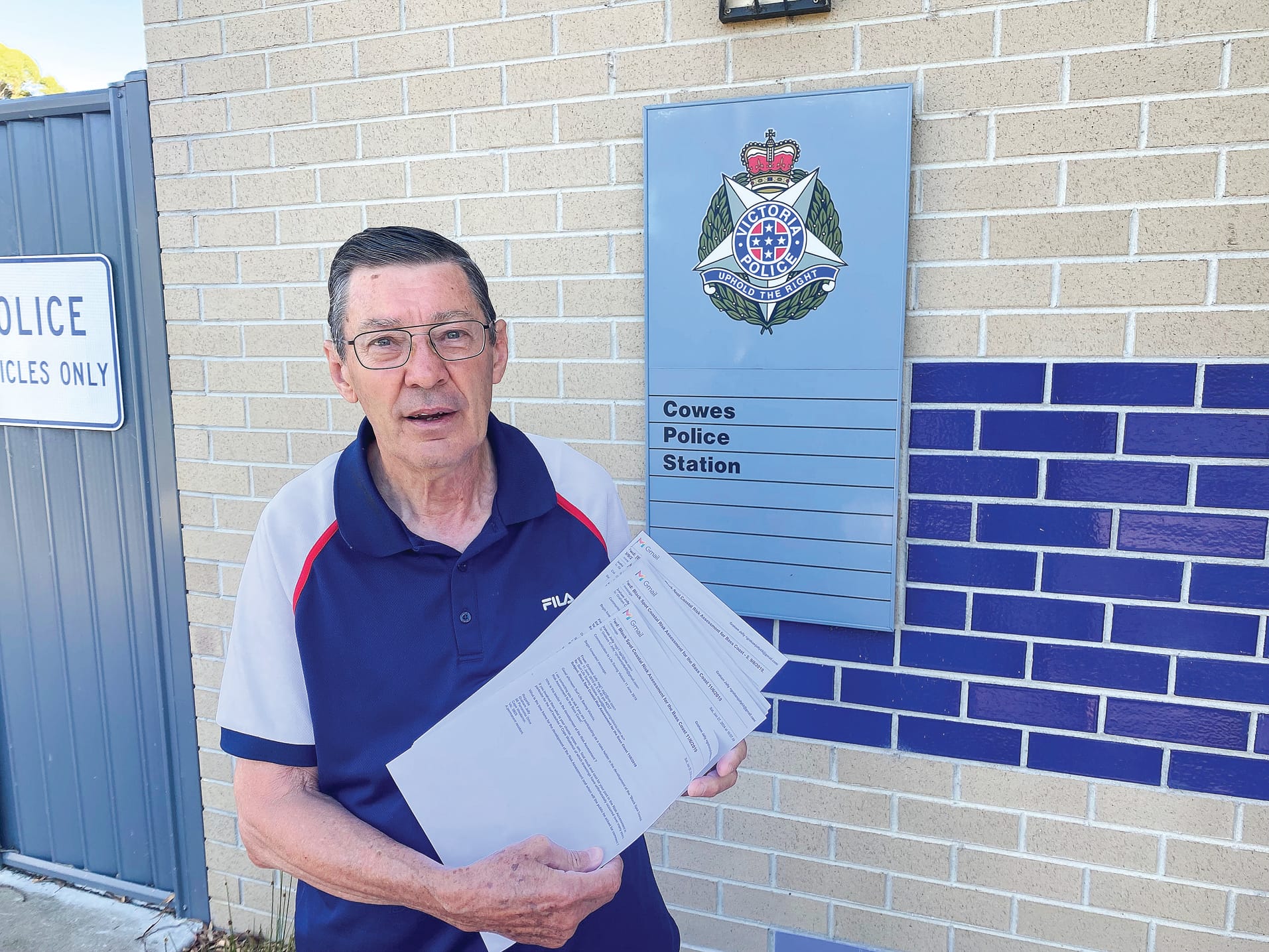 Cape Woolamai resident and Bass Coast Ratepayers and Residents Association representative Graham Jolly attends the Cowes Police Station on Monday morning to make a submission to police and the coroner. He was directed to the officer in charge of the inquiry Detective Constable Leigh Cole.