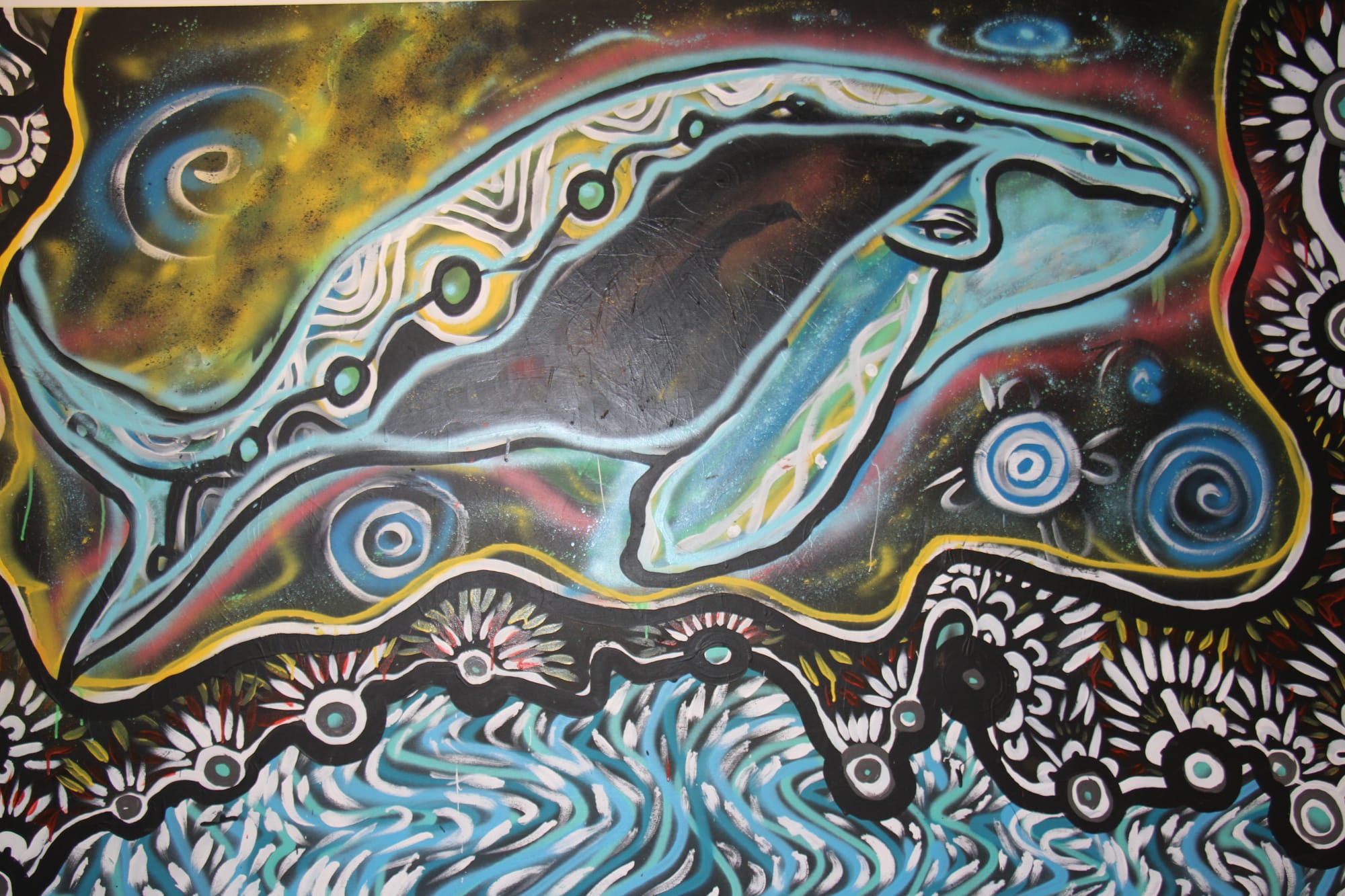 Whale Dreaming by Millowl artist Uncle Steven Ulula Parker part of the Warreey Ngulu (Ocean Voice) exhibition celebrating NAIDOC Week at the Berninneit Art Gallery on Phillip Island. B22_2625