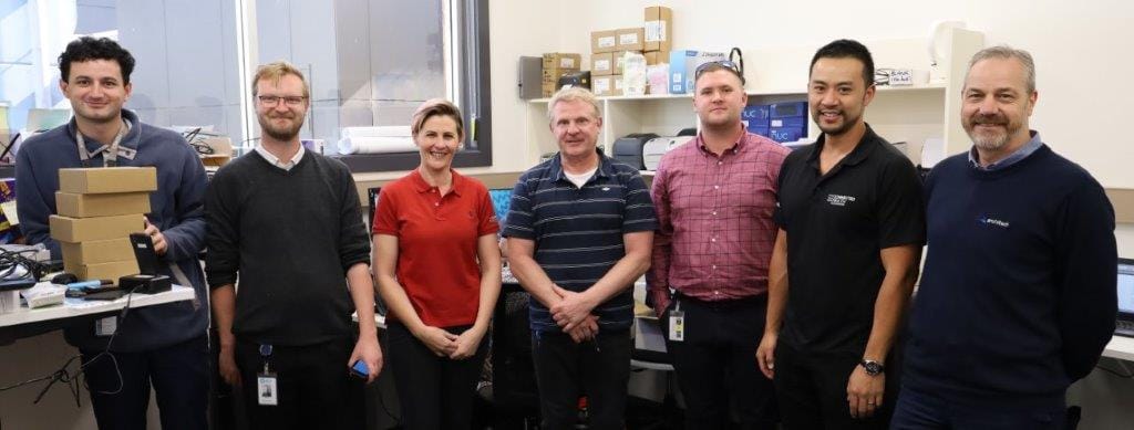 The Spectralink Go Live support team has been helping Bass Coast Health staff adapt to the new Spectralink clinical handsets. From left, Andre Toussaint, Harley Nicholls, Karryn Panoutsopoulos (Wavelink), Nathan Louwdijk, Michael Beverley (GHA), Phuc Nguyen (Wavelink) and Dean Poore (ArchiTech)..