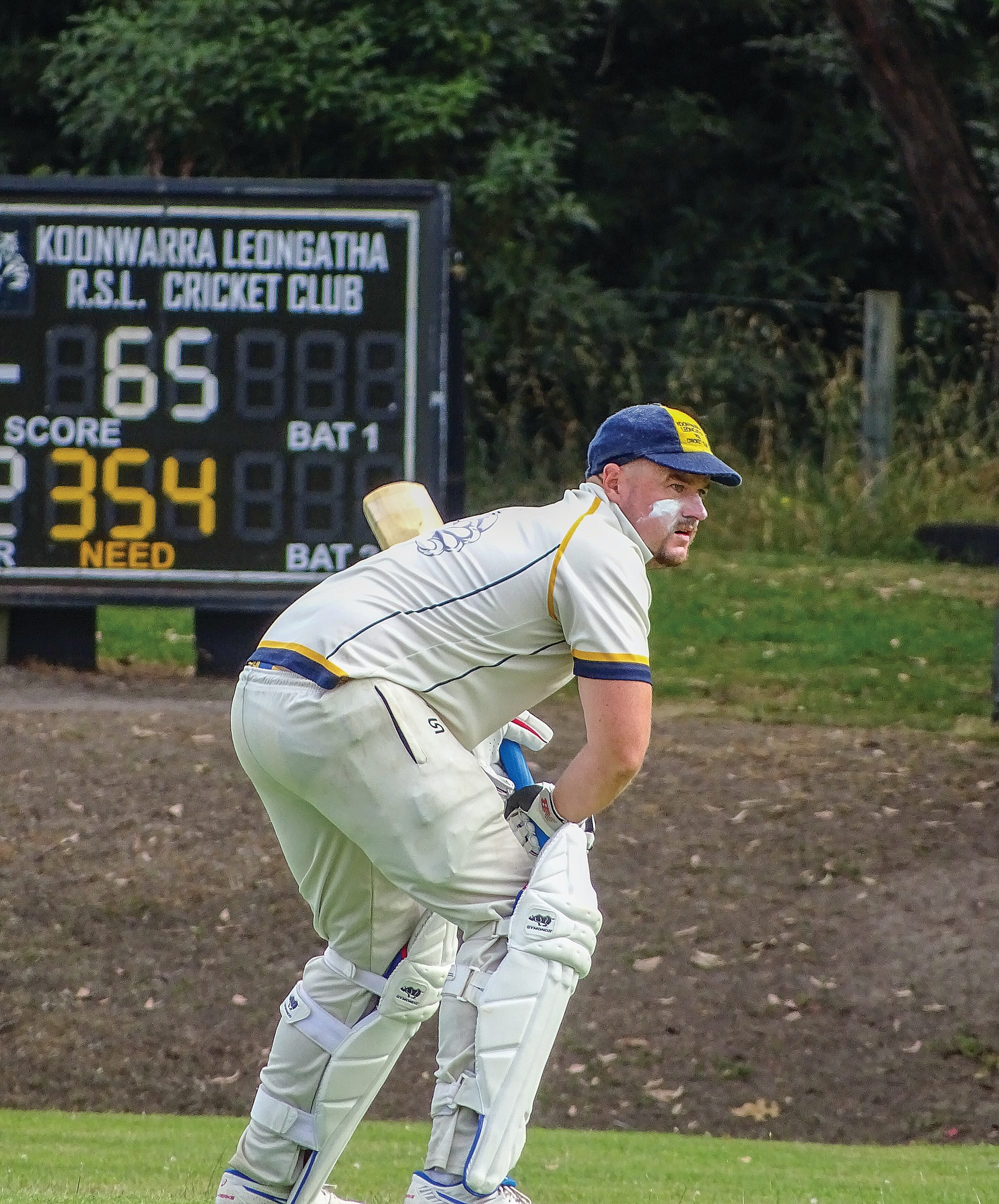 Koonwarra Leongatha RSL’s Jimmy Rushton awaits a delivery during the side’s A1 clash with Korumburra. Photo: Jodie Arnup.