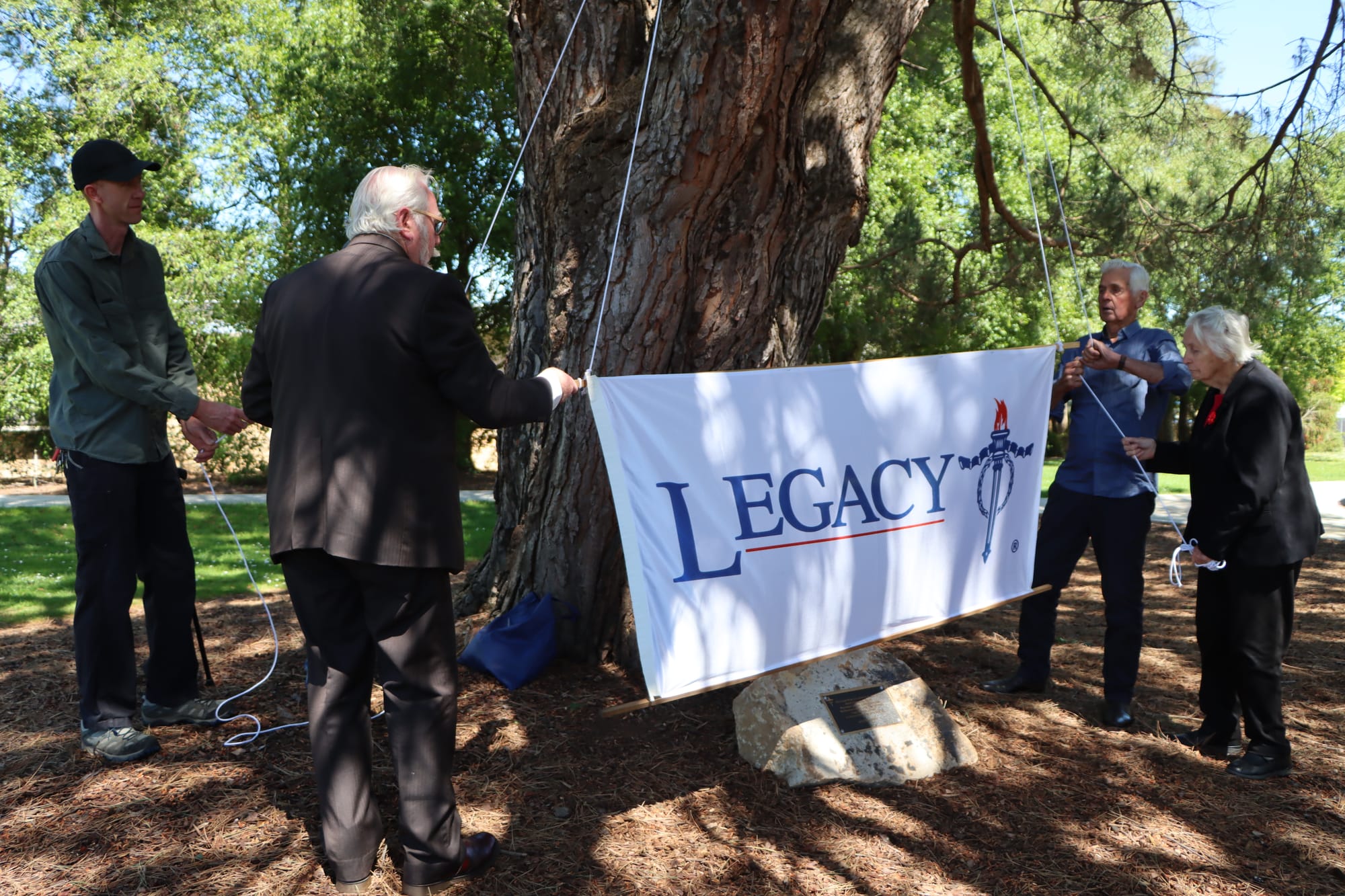 The lone pine plaque is unveiled.