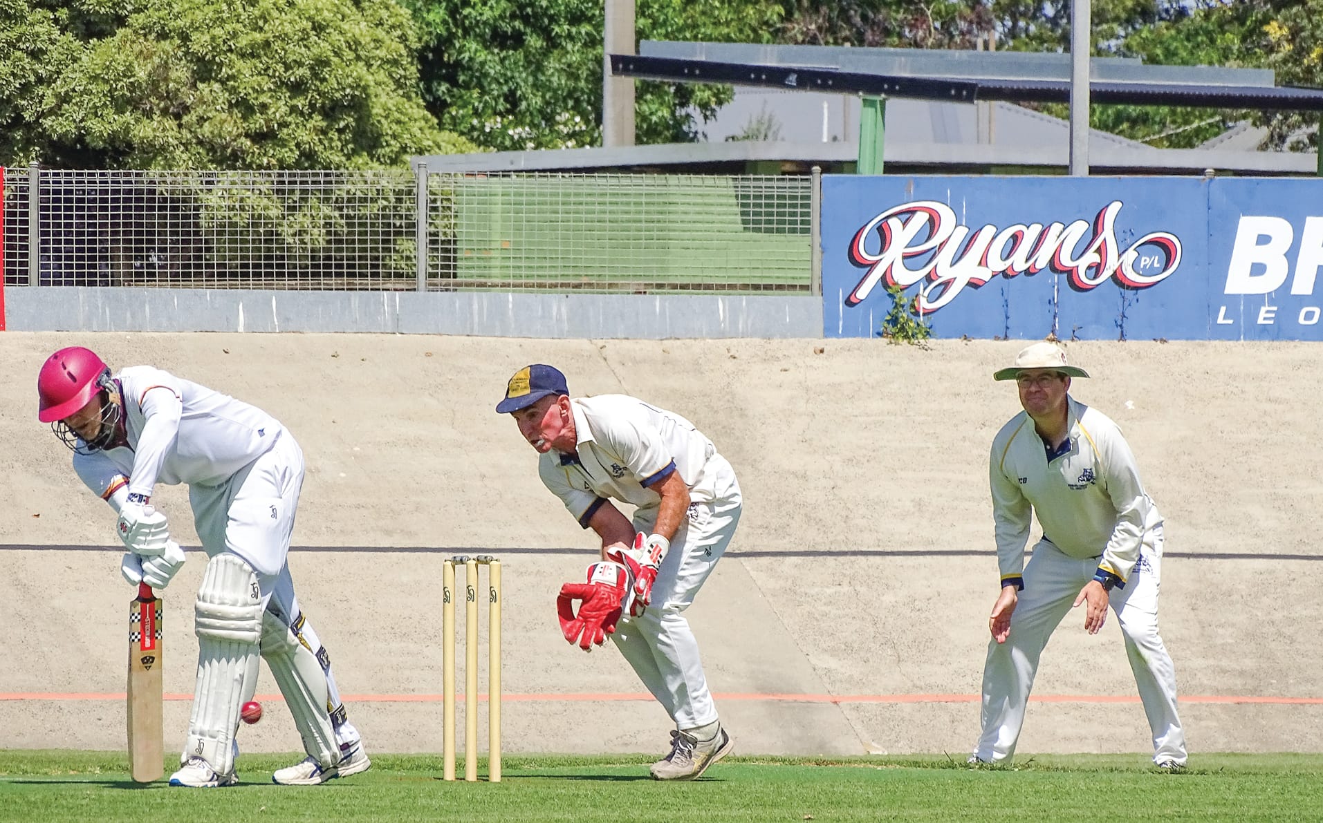 OMK batted its way to victory against Koonwarra Leongatha RSL on day two of the sides’ B1 contest, with the intense concentration of both sides on display here. Photo: Jodie Arnup.