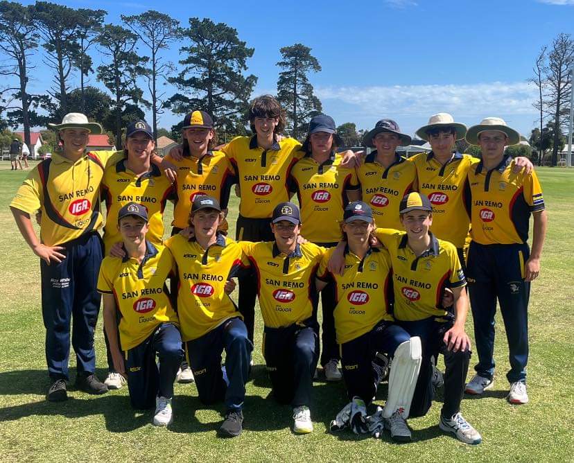 Phillip Island are into the under 17s Grand Final, pictured is their squad (back L-R) Jackson Huther, Henry Peppard, Heath Womersley, Finn Russell, Will Peppard, Tim Niven, Jackson Voce, Daniel Caffieri (front L-R) Noah Williams, Charlie O’Garey, Max Arceo, Ollie Duggan and George McCausland. B23_1023