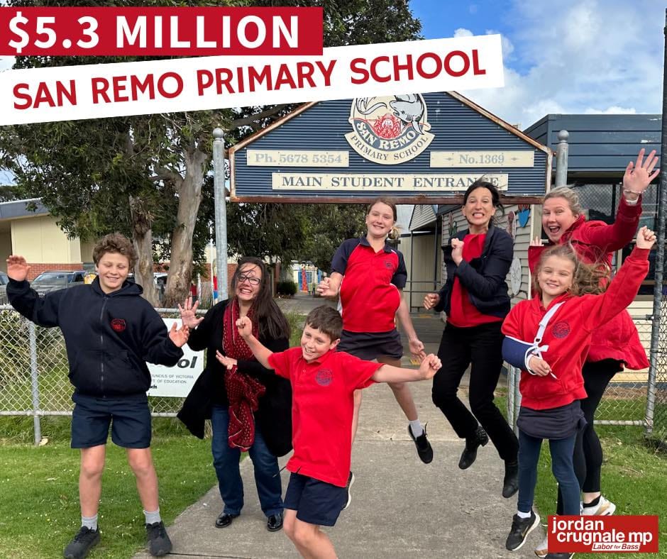 Jumping for joy at the promise of $5.3 million for the San Remo Primary School were local MPs Harriet Shing and Jordan Crugnale with school vice president Kelly Woolford, and youngsters Amy, Lucy, Gus and Harvey.