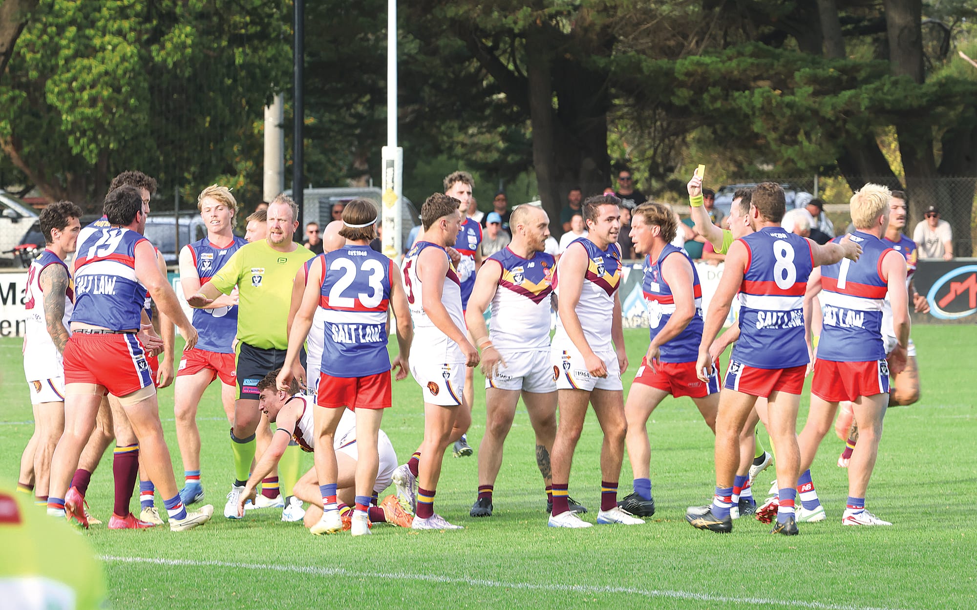 Tensions boiled over in the third quarter and Phillip Island coach Cam Pedersen was ‘yellow carded’ for a 15-minute break on the sidelines.