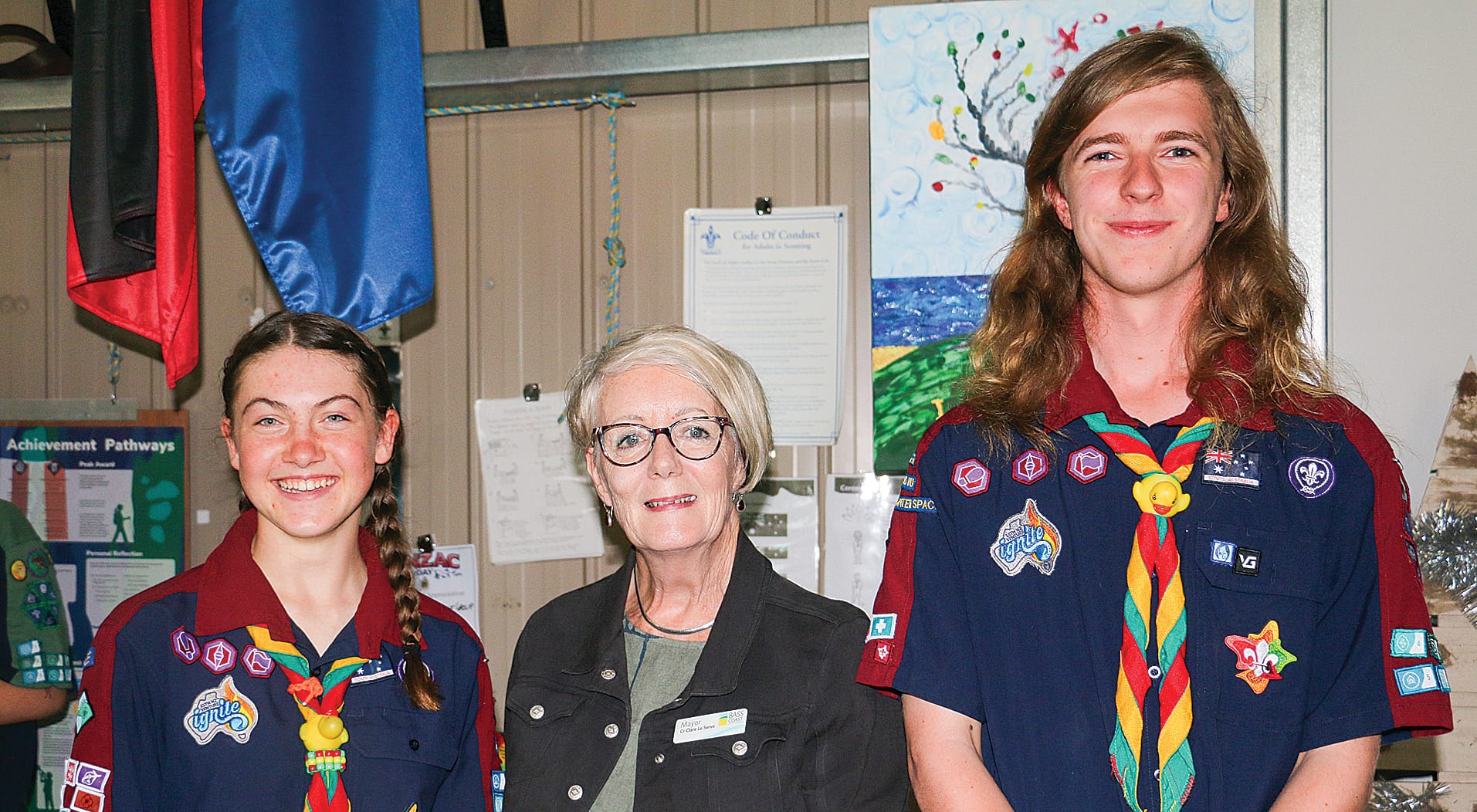 Queen’s Scout recipients Charli Ogden and Angus McMillan with Bass Coast Shire Council mayor Cr Clare Le Serve. tkScouts03_0724