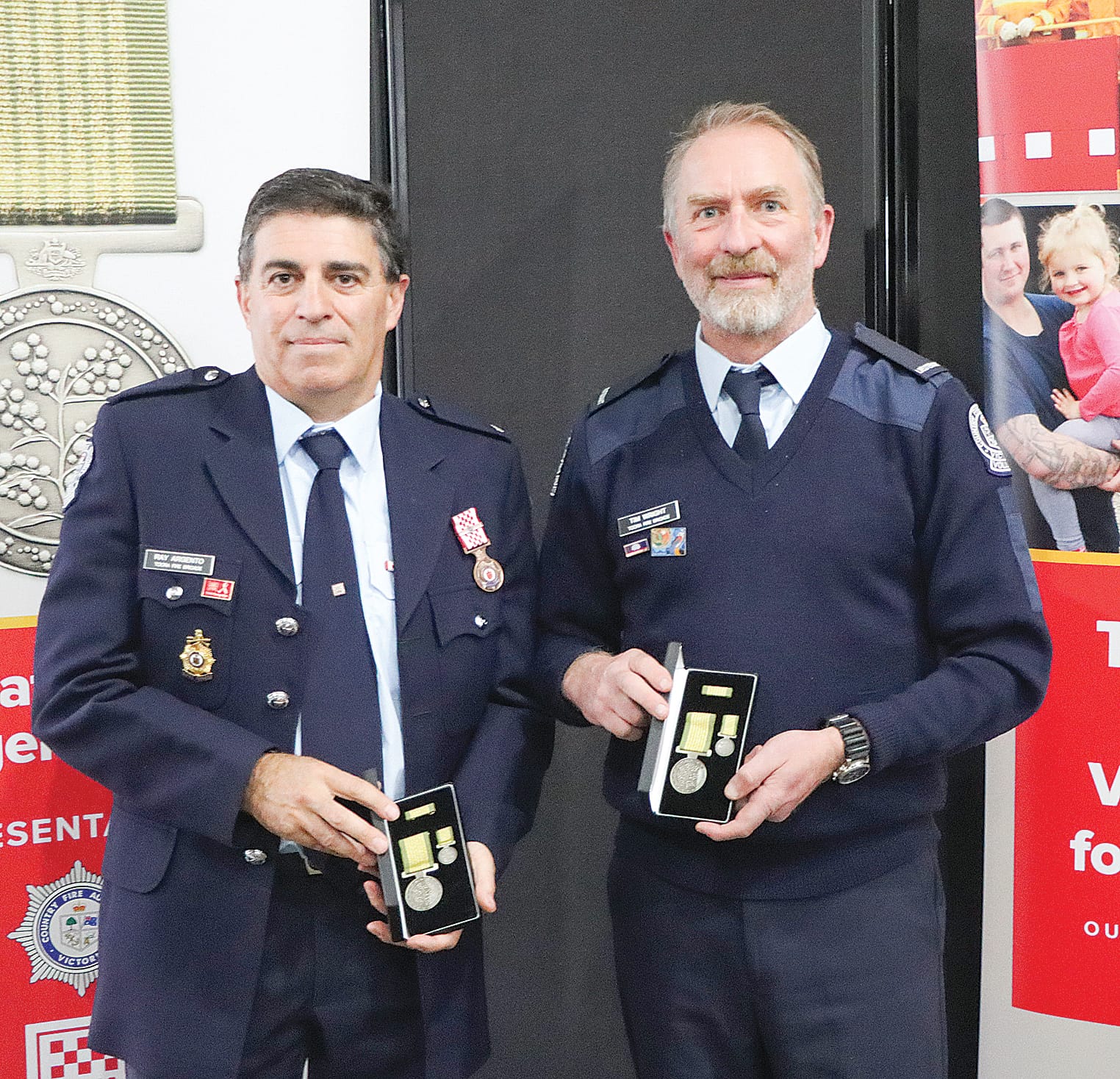 Ray Argento (collected medal for the late Rodney Martin) and Tim Wright of Toora Fire Brigade. A33_1623