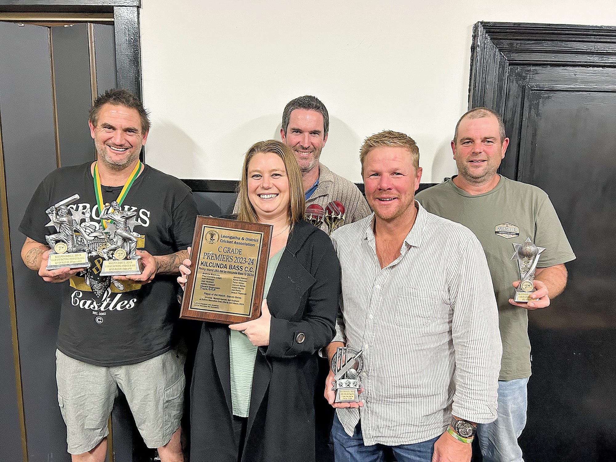 C grade award winners. Back Row: Kevin McLean (Batting Average, Batting Aggregate, Bowling Average and Bowling Aggregate), Al McLean (5 wickets in an innings) Joel Huckett (Captains Award). Front Row: Tiana Gold (First female to play in senior team grand final), Grag Miller (Century and Semifinals man of the match). Absent Steve Oats (Century and Grand Final Player of the Match). 