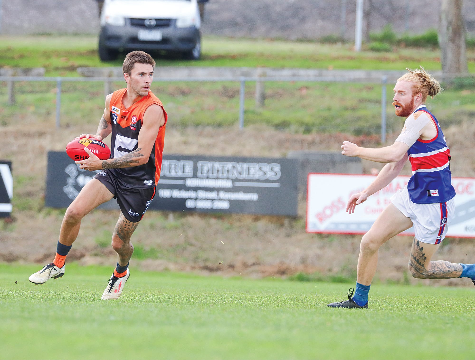 Korumburra Bena coach Josh Hopkins shows positivity early in his side’s victory over Bunyip. A39_2224