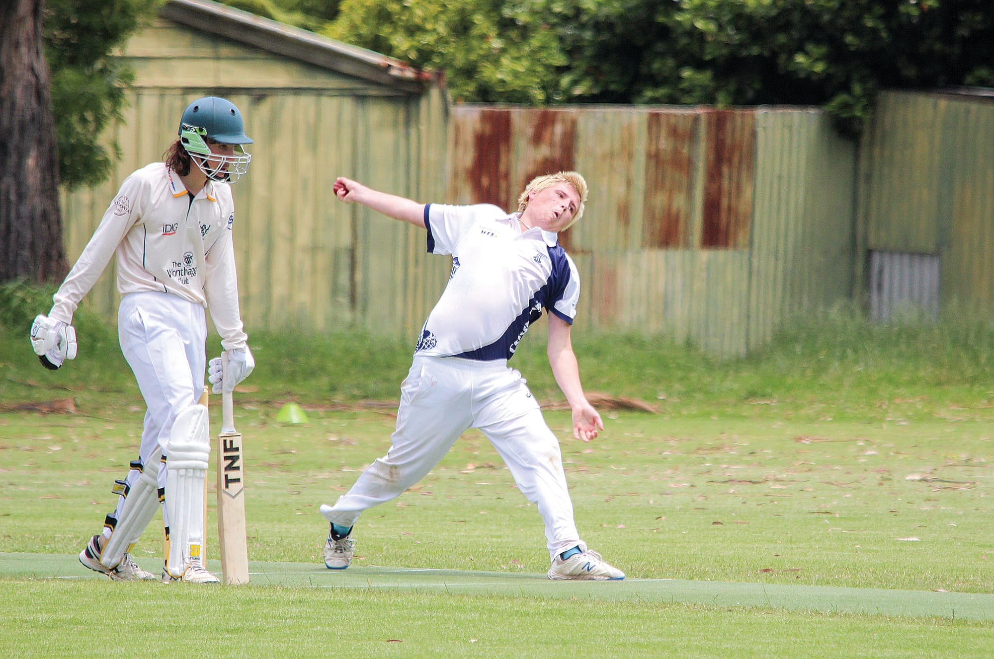 Korumburra’s Harry McNeill sends one down during his opening spell. B33_5022