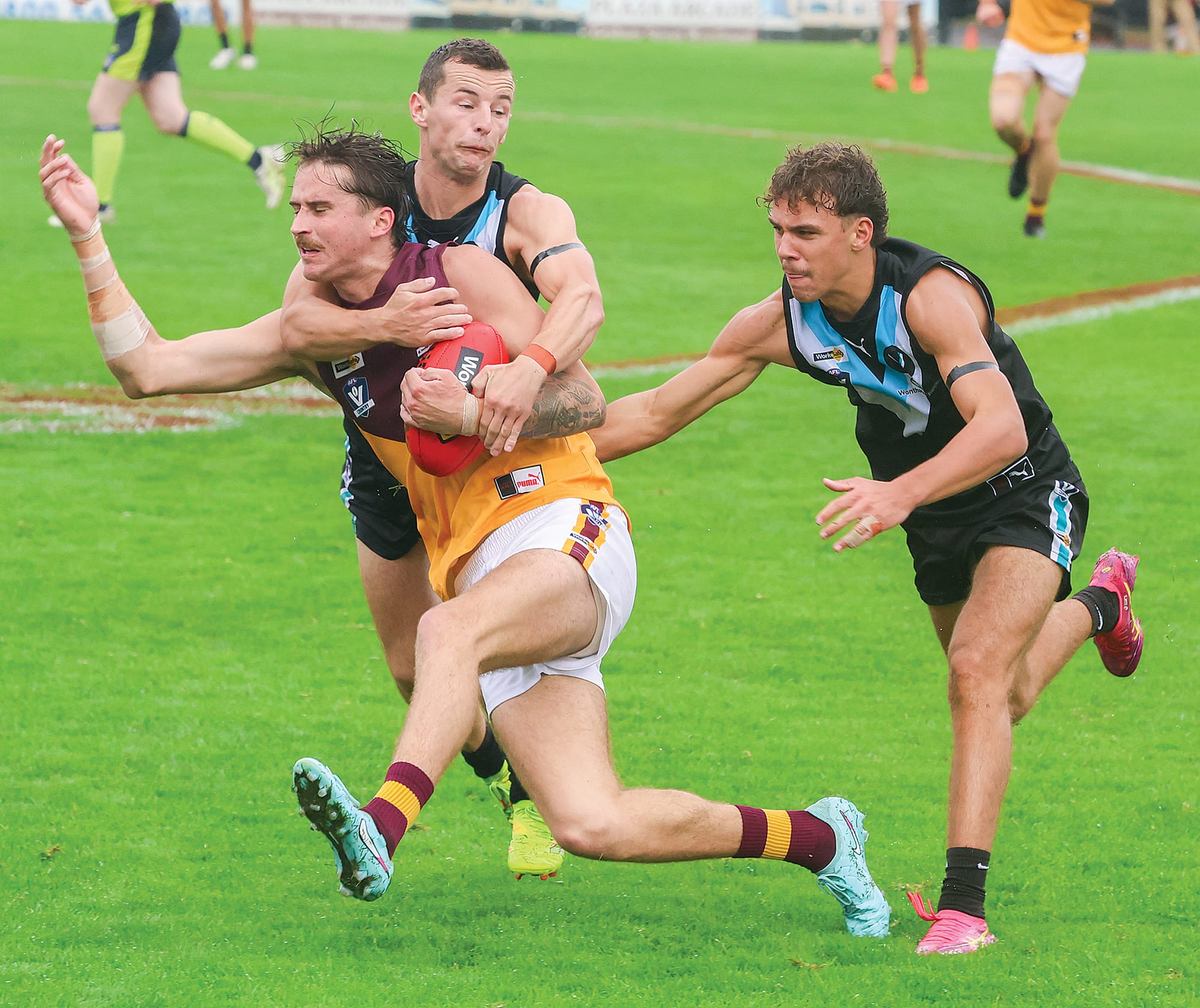 Dialling up the pressure on the ball carriers was one of the ways Wonthaggi Power adjusted to the wet conditions on Saturday.
