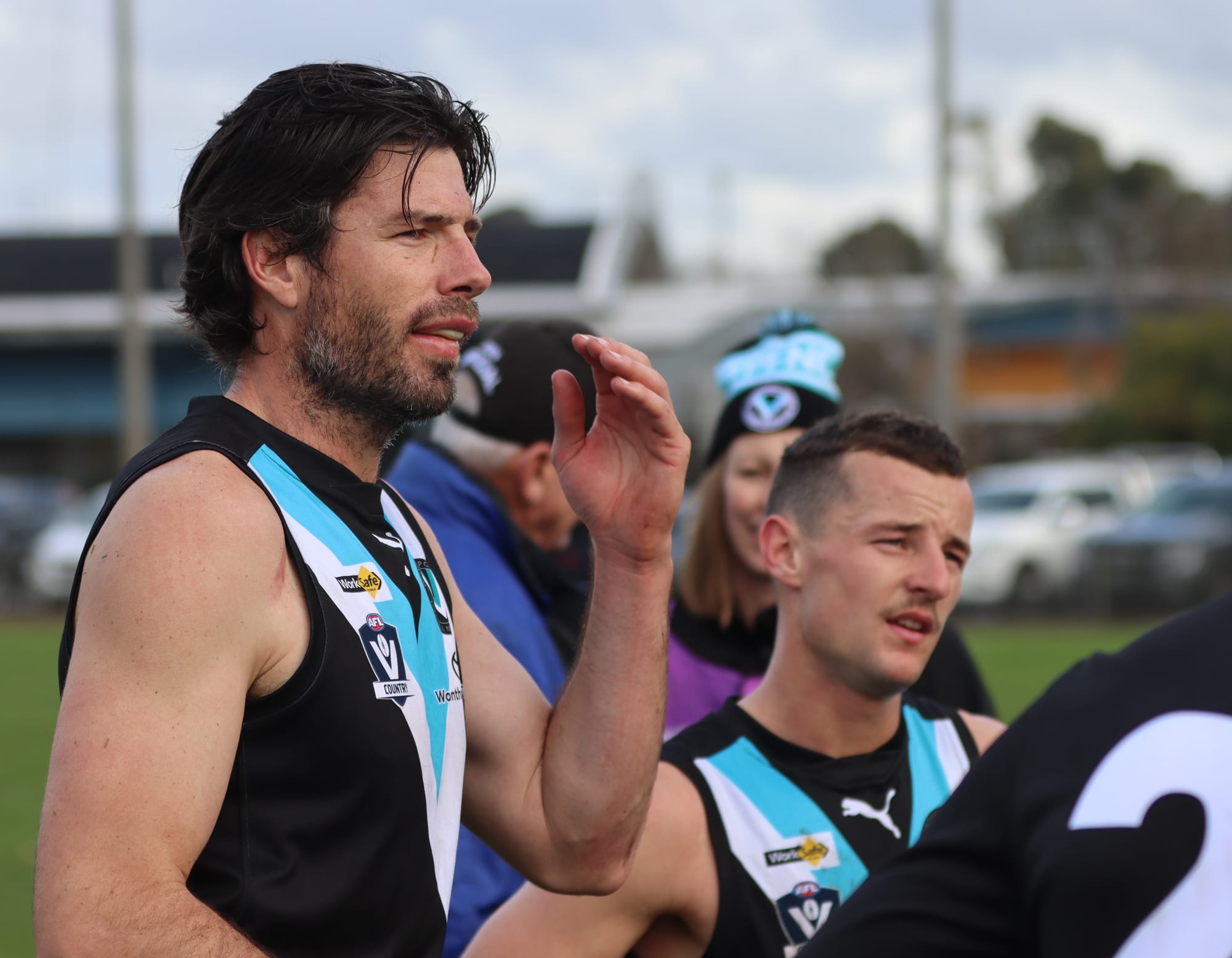 Defender onballer Shannon Bray battled hard all day for Wonthaggi Power in a typically stoic performance by him in his 150th senior game.