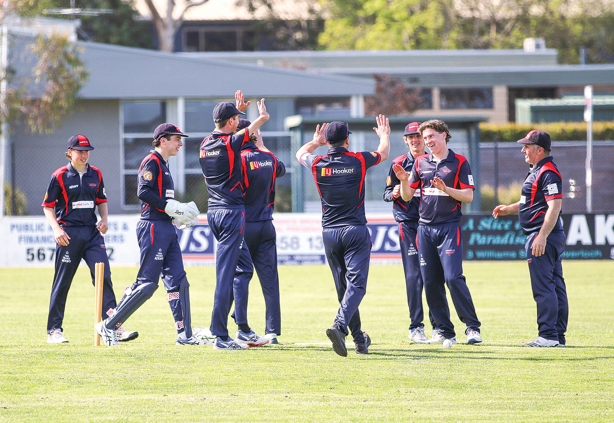 Inverloch’s A2 team celebrate Jesse Dugard bowling out Foster opening batsman Josh Toner for a duck. Tk24_4224
