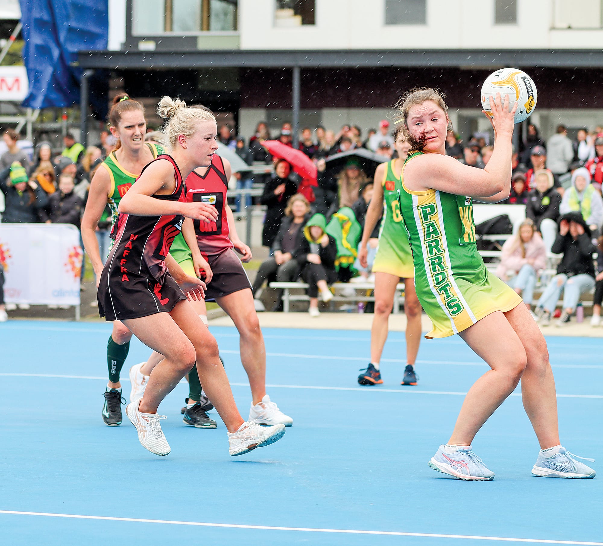 Leongatha C Grade vice captain and wing attack Evie Dekker looks for an option. A23_3822