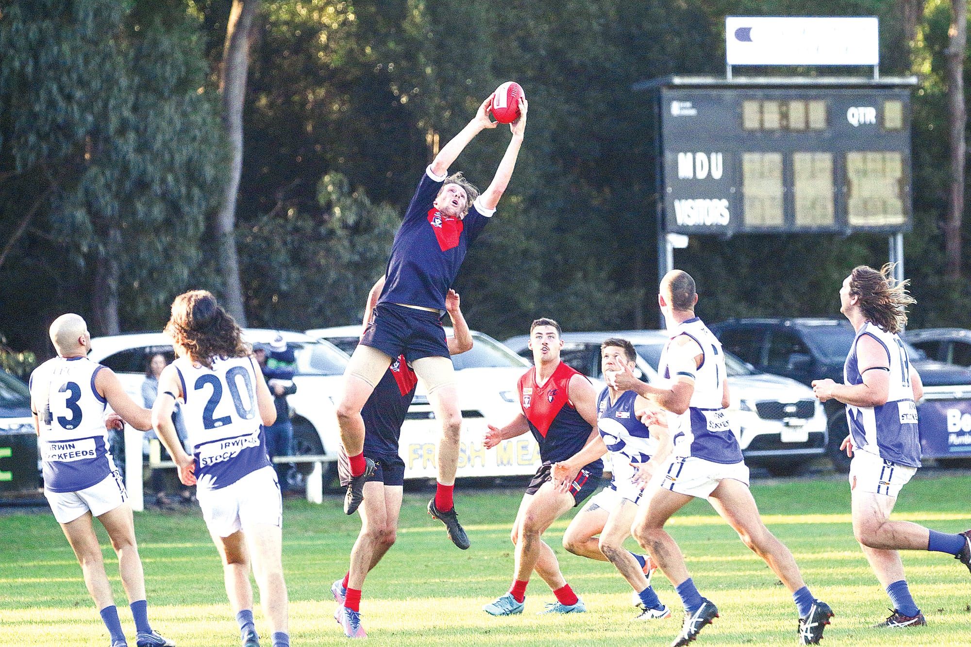MDU’s Tim Harris takes an impressive mark. 
