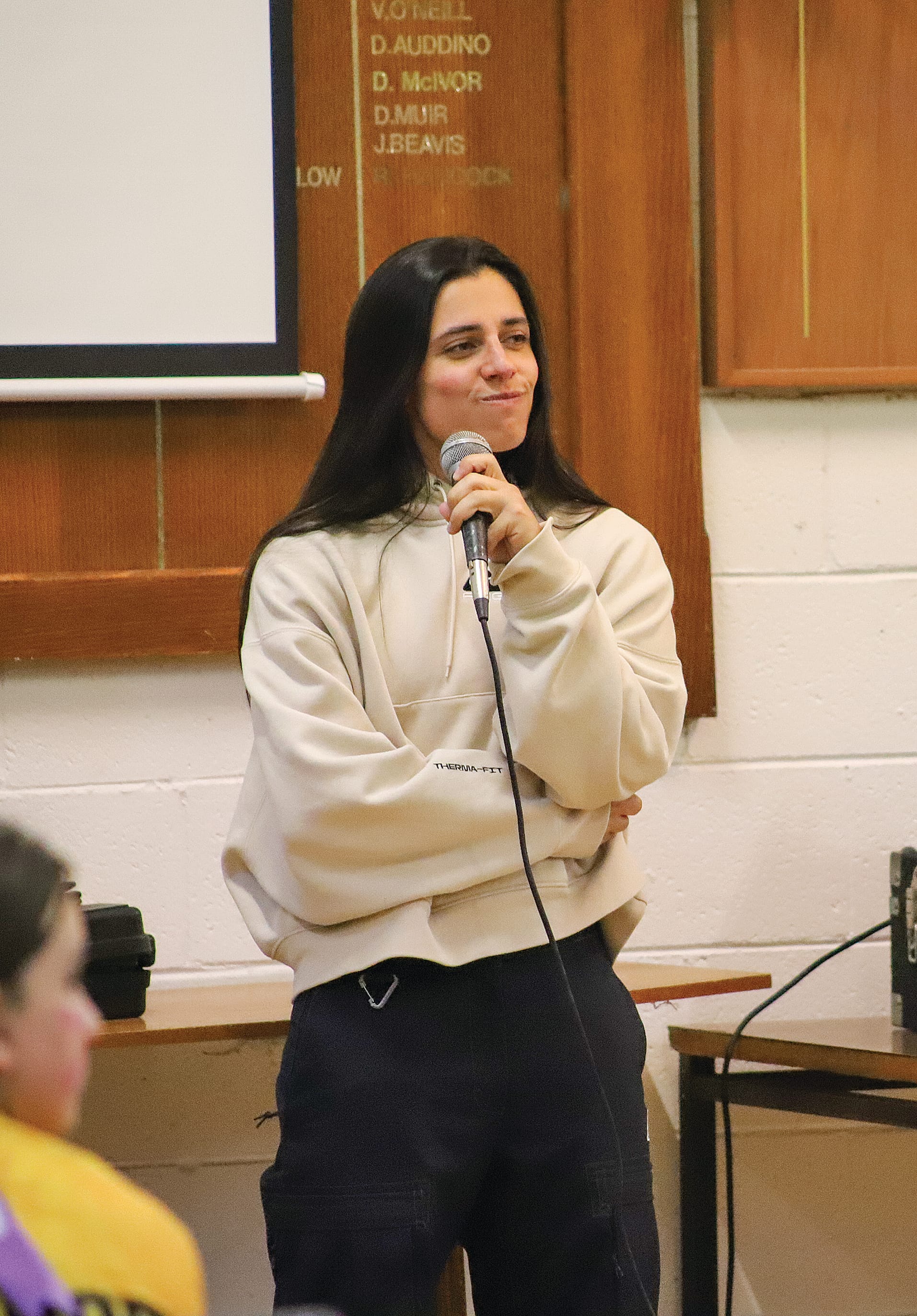 A-League/Matilda star Alex Chidiac addresses the crowd at a Q&A session.