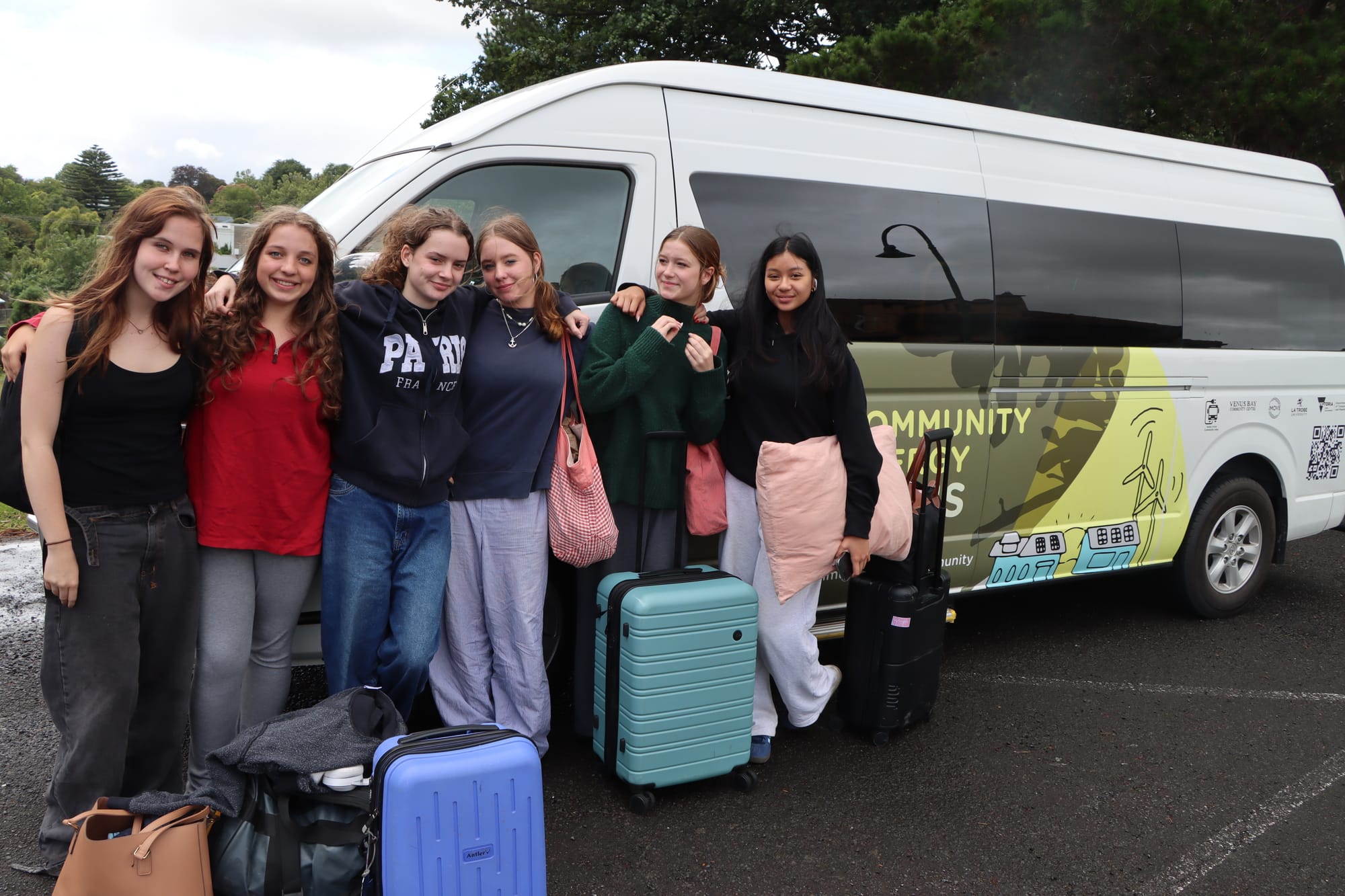 Friends Sasha, Rosie, Iris, Lucille, Pearl and Kalyca are set to head to Venus Bay onboard electric bus ‘Sunny’.