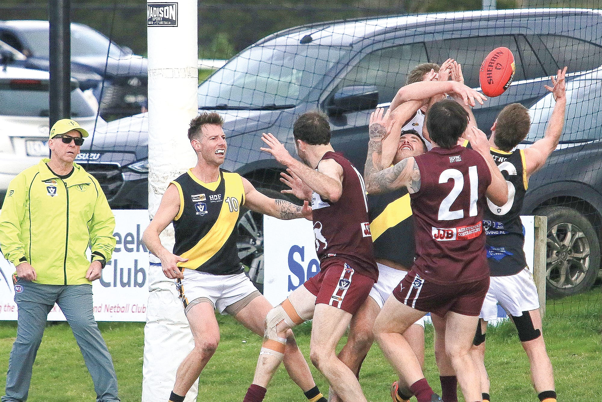 Pack forms close to the goal line, with the Mirboo Tigers vs. Stony Creek. Photo: G.S. Bruning