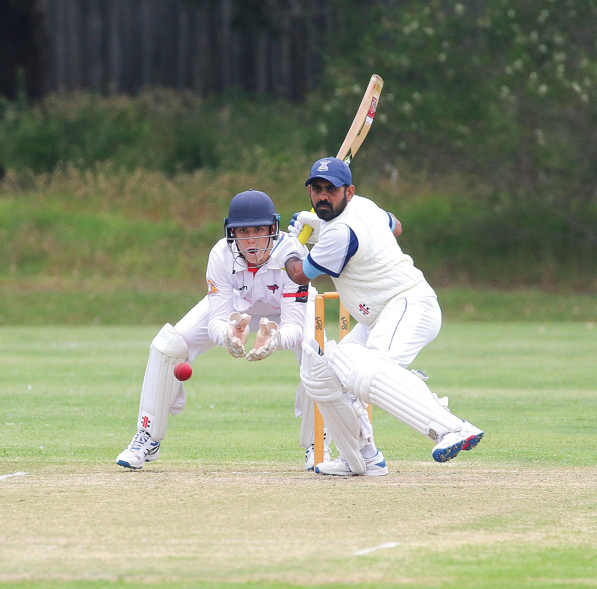 Korumburra captain Rumesh Rangana awaits a delivery from Inverloch bowler Andrew Donohue.