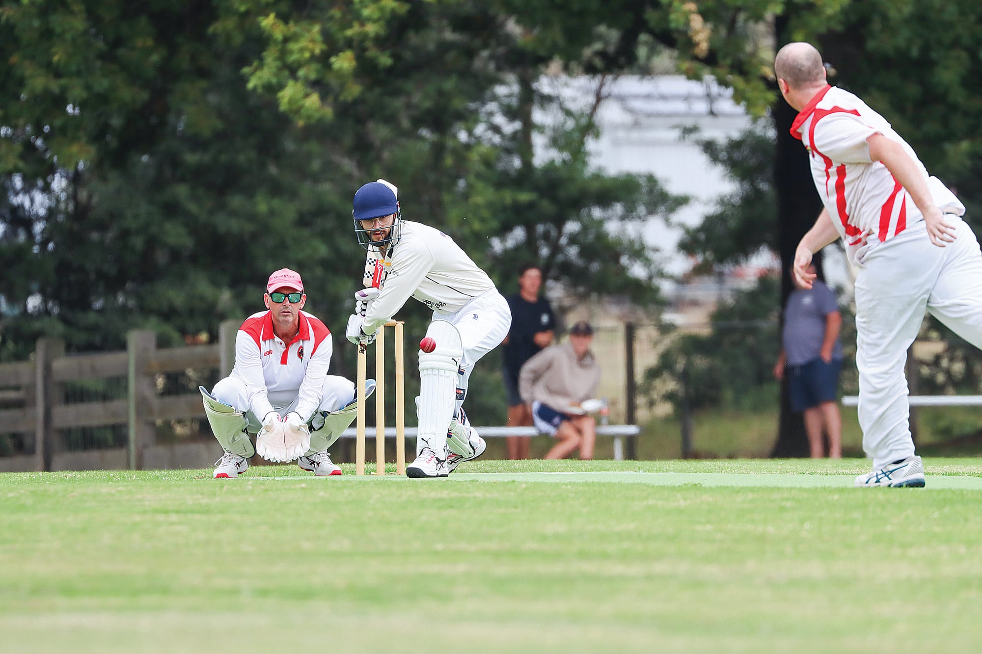 Wonthaggi Club’s Trae Dudas-Jacobs is watchful against the bowling of Charlie Dougherty of Nerrena but fell shortly afterwards to Will Croatto for 1. A57_1325