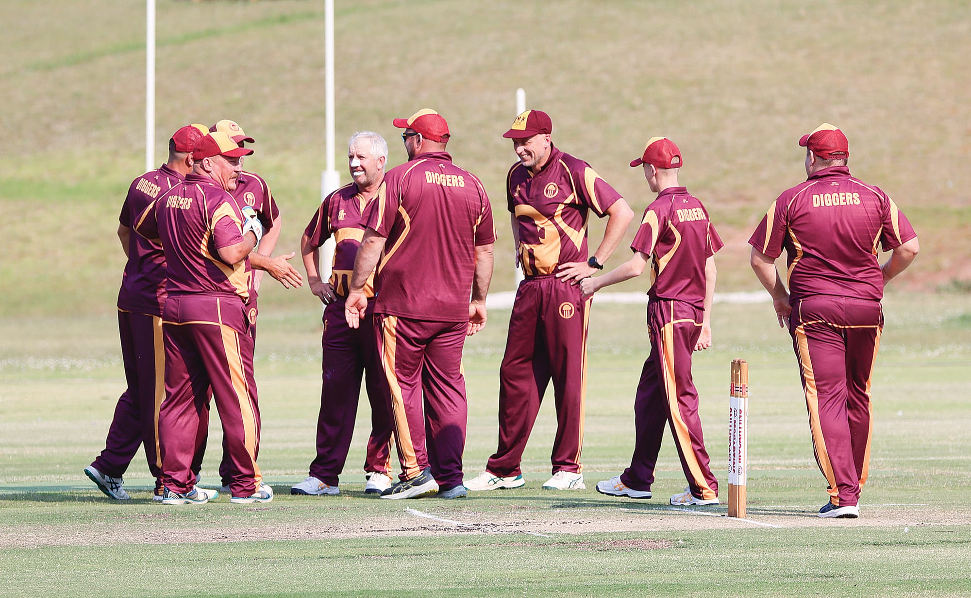 OMK players celebrate Russ White’s dismissal of Leongatha Town opener Sakthy Vs. A28_5224