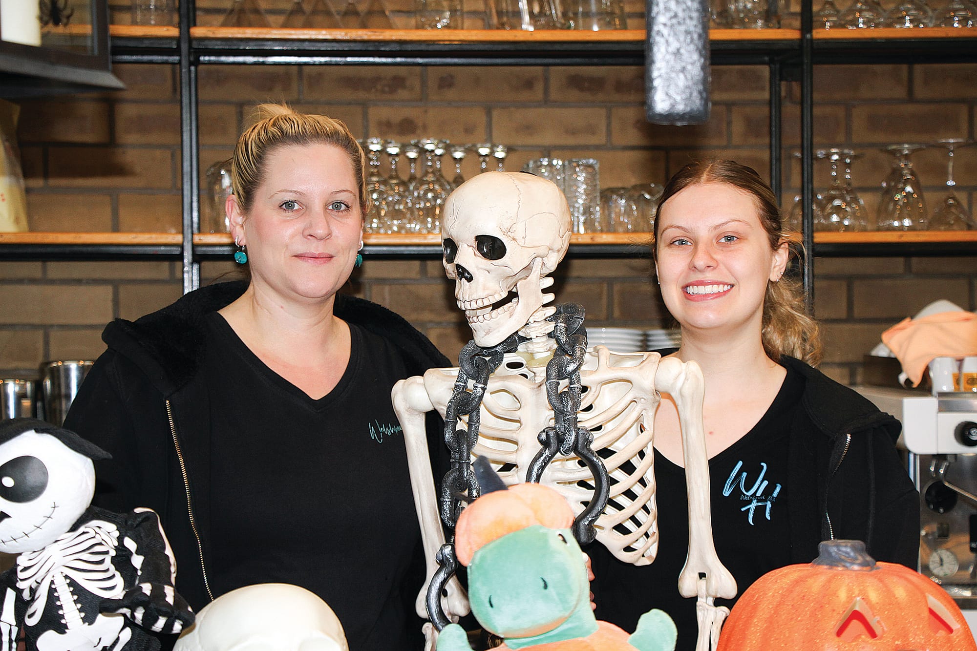 Welshpool Hotel Licensee Skye Dubignon, George (Halloween barman) and Mikayla Papworth (bartender).  B42_4524