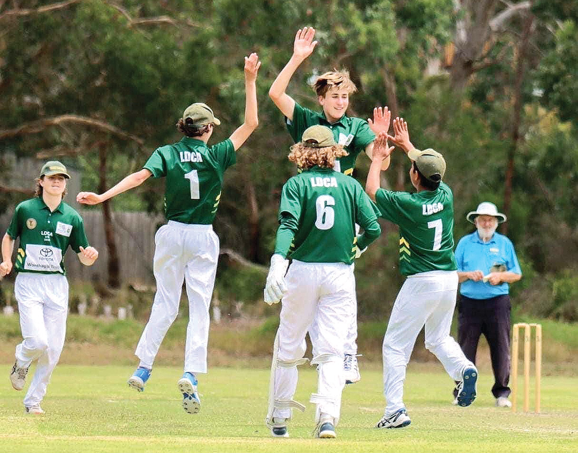 The LDCA under 15s celebrate a wicket in their win on Sunday.
