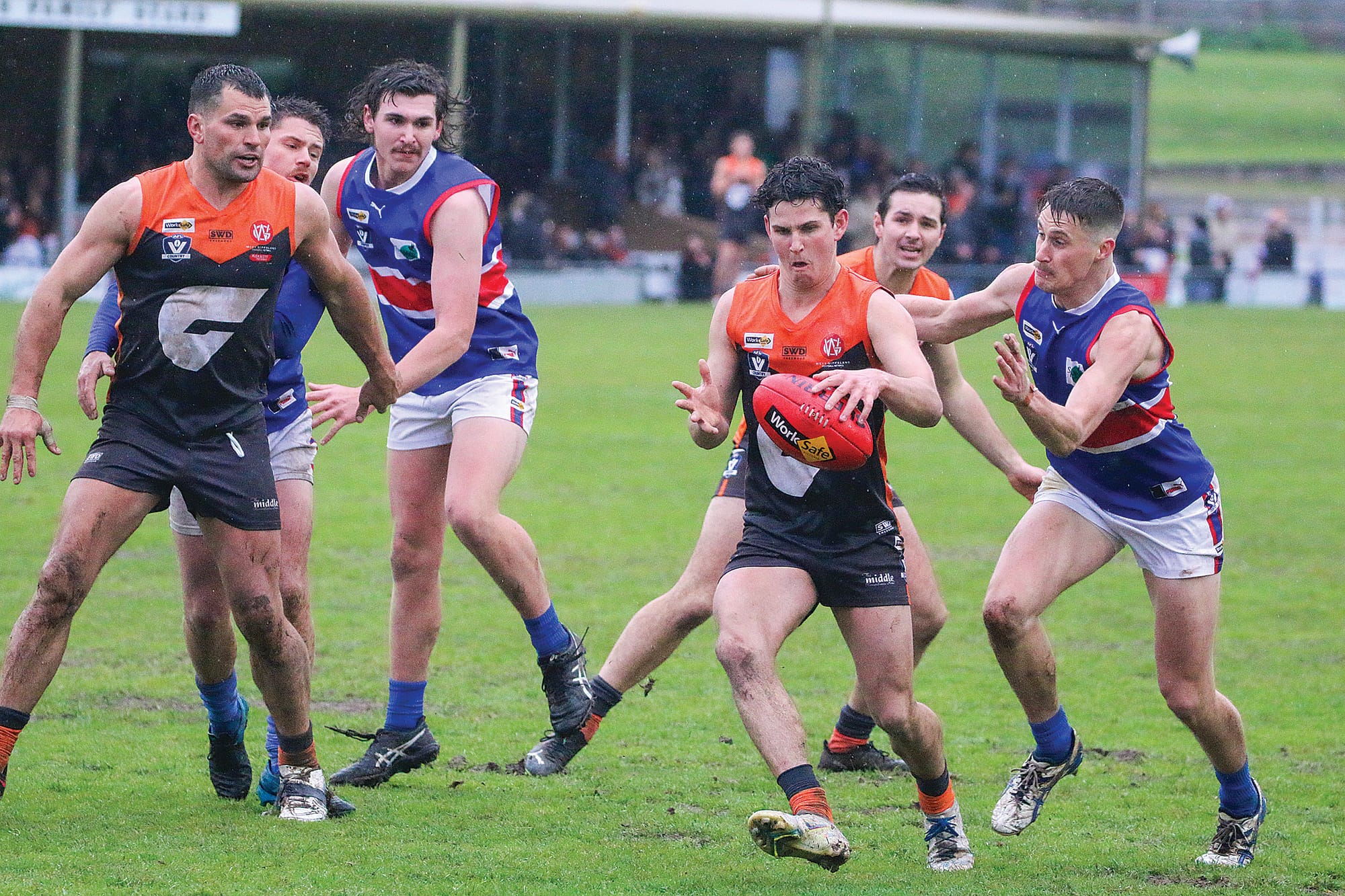 Korumburra-Bena’s Joel Cuman sent the ball back towards the Giants’ scoring end.