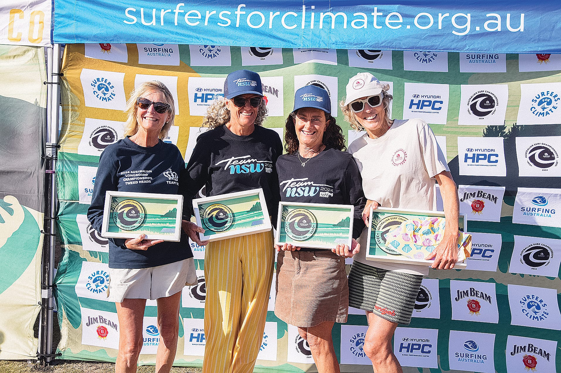 Over 60 Women’s division at the Australian Longboard Titles Sian Adnam (Cape Woolamai, VIC), Andrea Bohm (Freshwater, NSW), Anne Duncan (Bungawalbyn, NSW) and Kate Perry (Yandina Creek, QLD) 