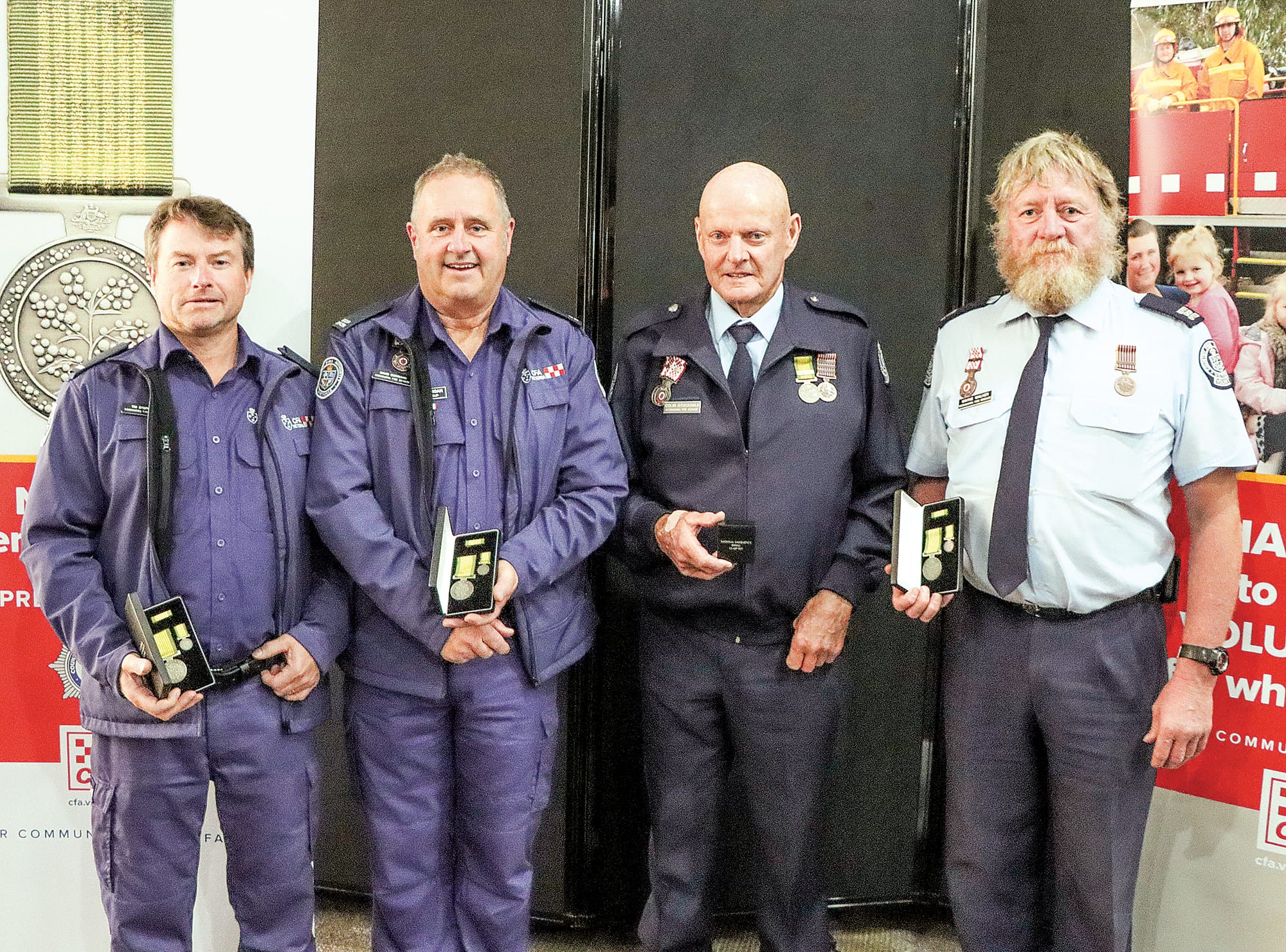 Koonwarra Fire Brigade members Tim Stephens, David Corrigan, Colin Stockdale (also collected a medal on behalf of Greg Carruthers of the Leongatha South Fire Brigade) and Wayne Walker. A20_1623